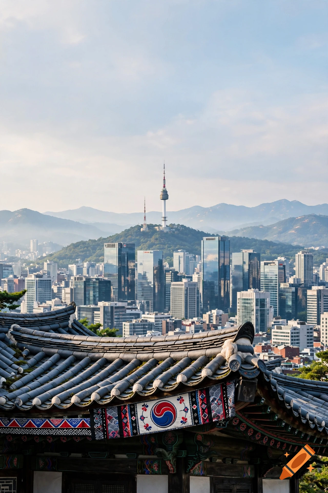 Traditional Korean tiled roof in the foreground with Seoul cityscape and N Seoul Tower in the background under a blue sky.