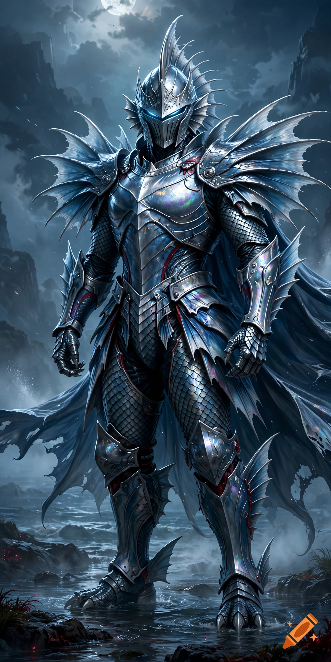 A full-body digital illustration of a humanoid warrior in elaborate iridescent fish-themed silver armor standing in shallow water under a dark cloudy sky.
