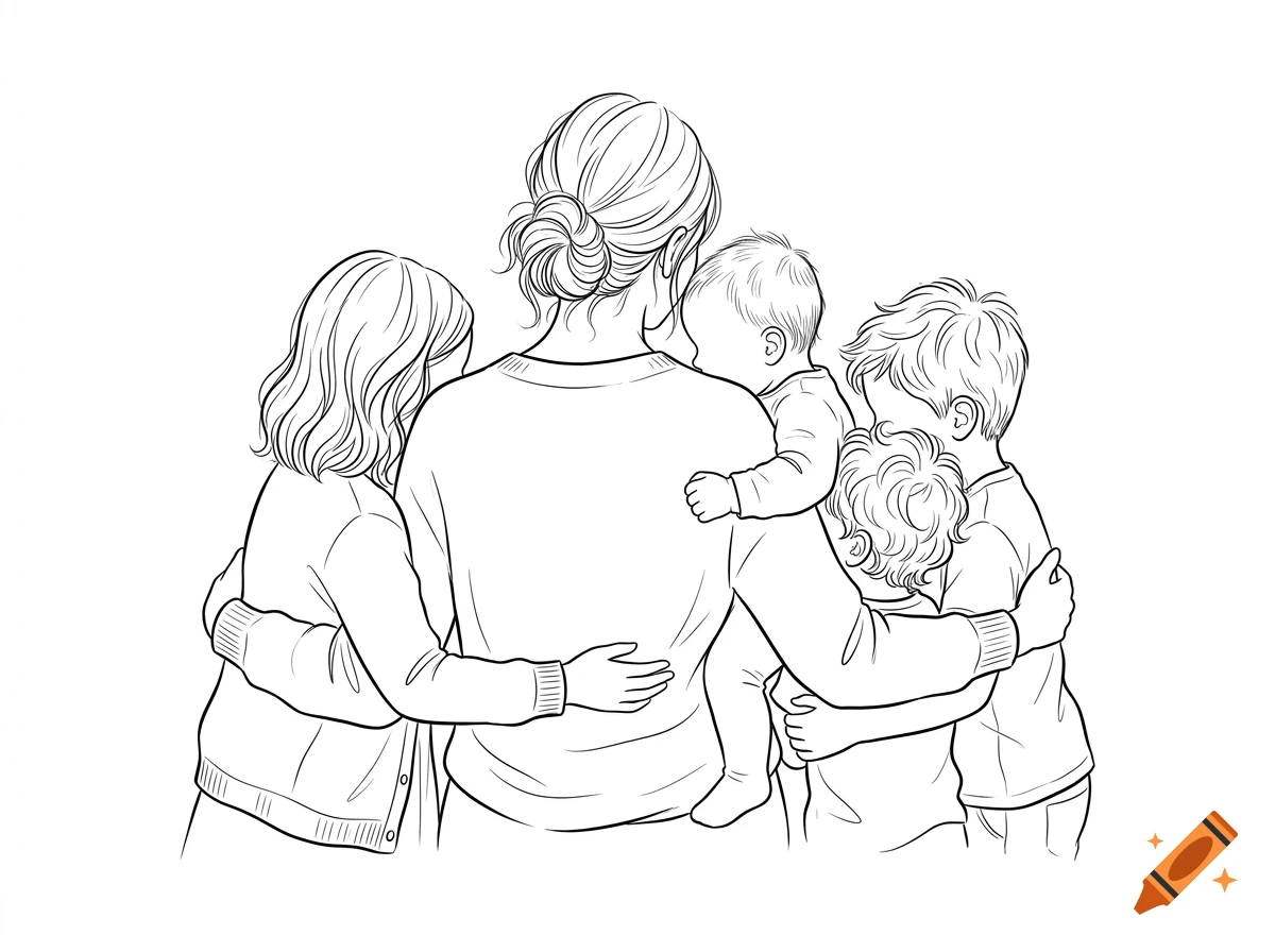 Minimalist black and white line art drawing of a mother hugging her four children from behind.