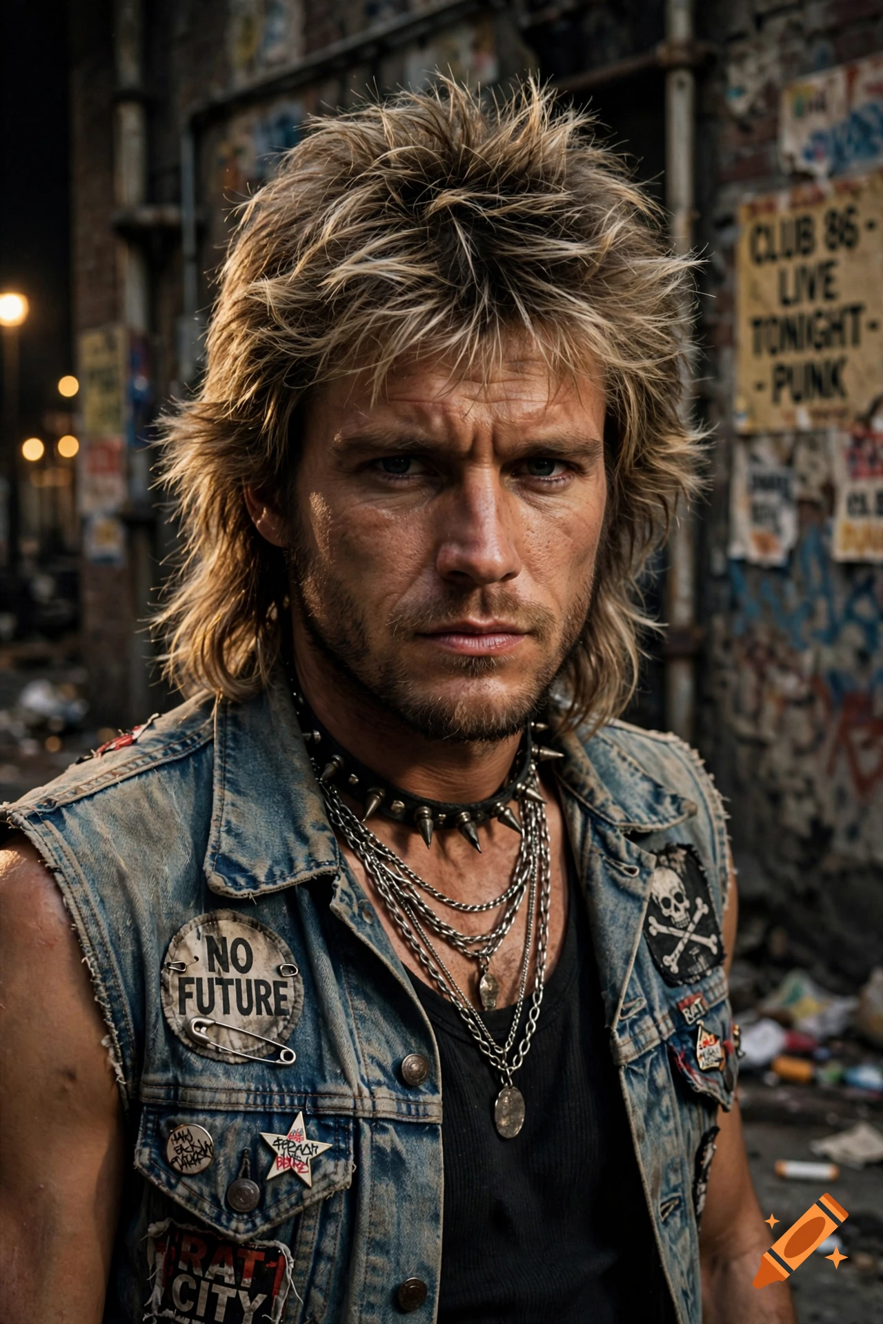 Close-up photorealistic portrait of a 1980s rock rebel with a feathered mullet, denim vest, and spiked choker in an alleyway.