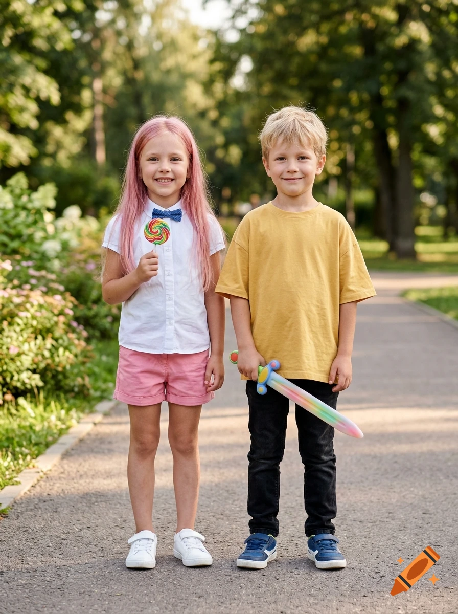 Photorealistic full-body portrait of a young girl with pink hair and a boy with a toy sword standing together on a park path.