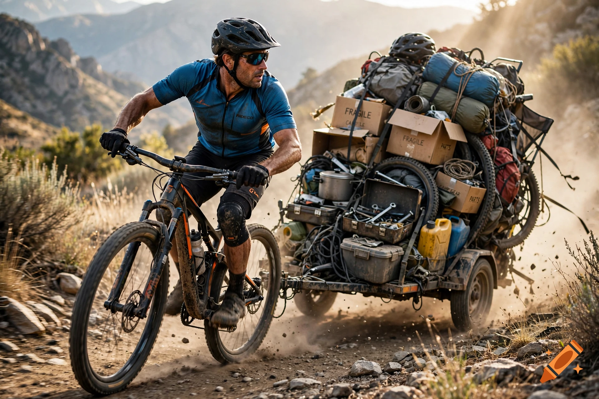 Photorealistic action shot of a mountain biker pulling a heavily overloaded trailer on a rugged trail.