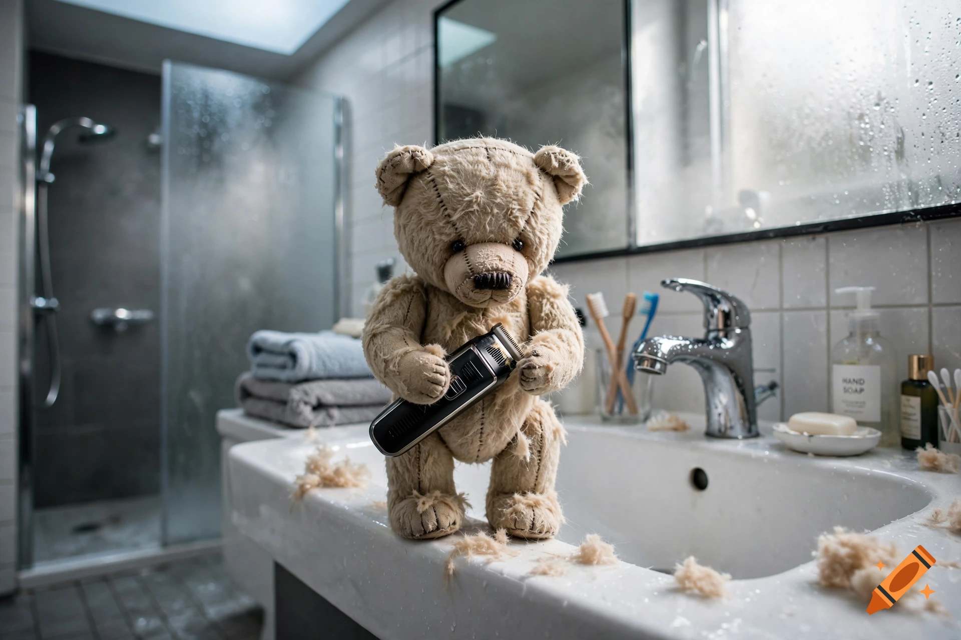 Photorealistic image of a teddy bear standing on a bathroom sink, holding an electric shaver and shaving its fur.