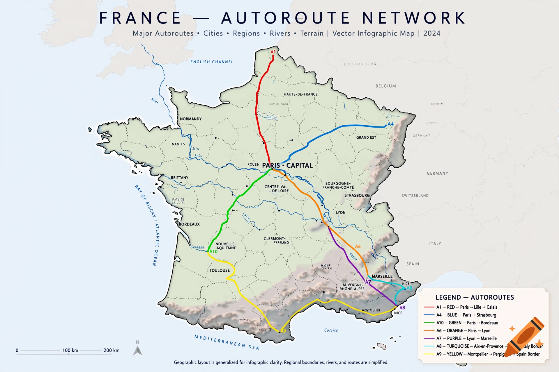 Detailed infographic map of France showing the autoroute network with colored routes, cities, regions, and rivers.
