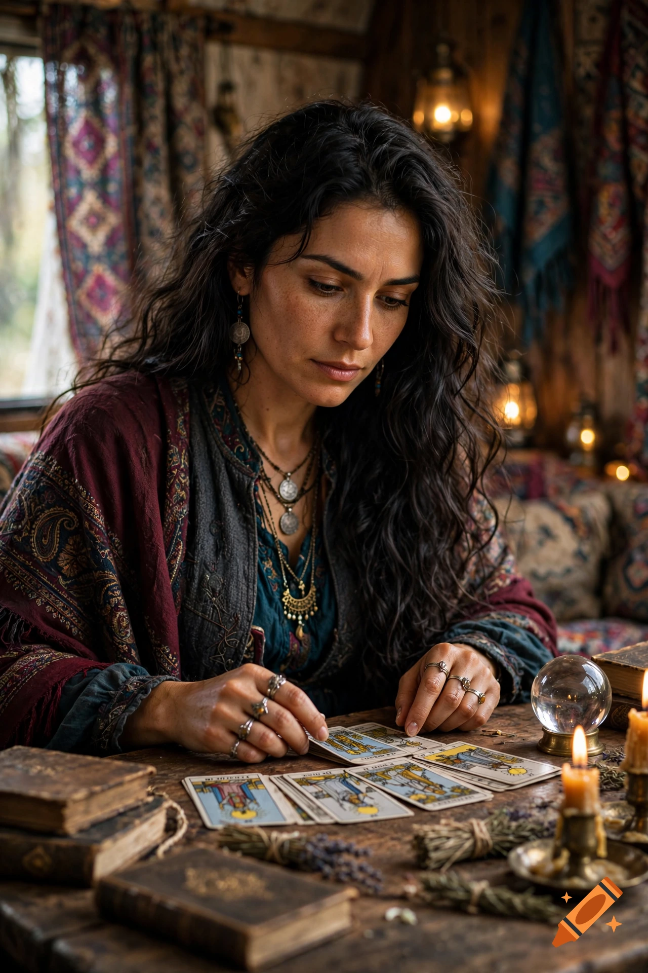 Photorealistic close-up of a dark-haired woman acting as a fortune teller, looking down at tarot cards spread on a wooden table.