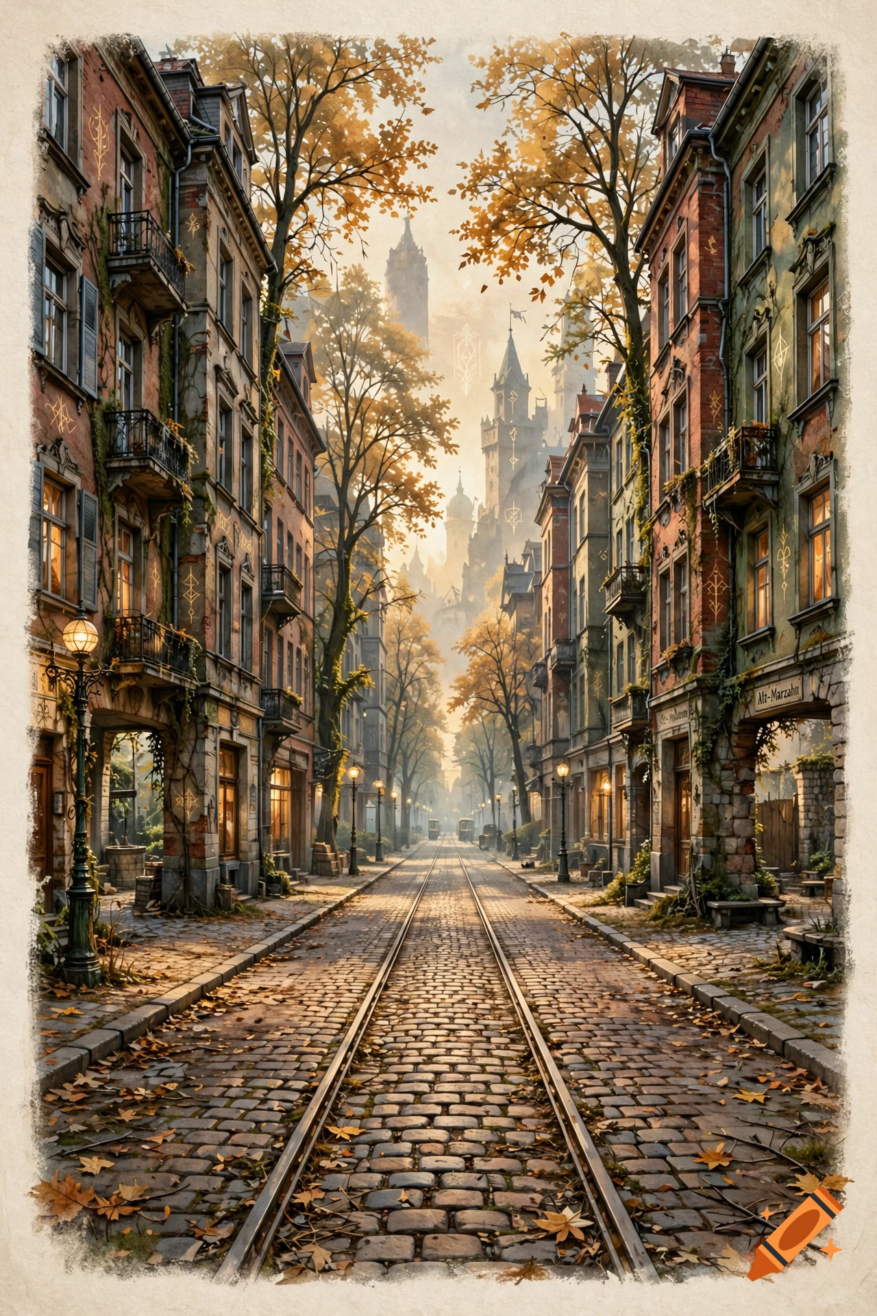 An illustrated fantasy street view with old European architecture, cobblestone tram tracks, and autumn trees lining the road.