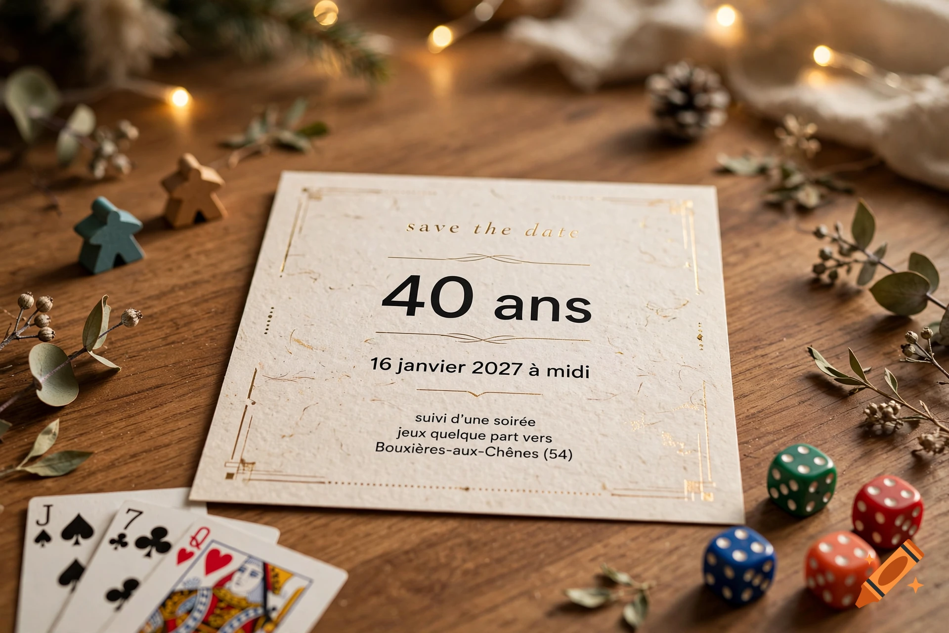 Photorealistic overhead shot of a save the date card for a 40th birthday surrounded by wooden tokens, dice, and playing cards on a wooden table.