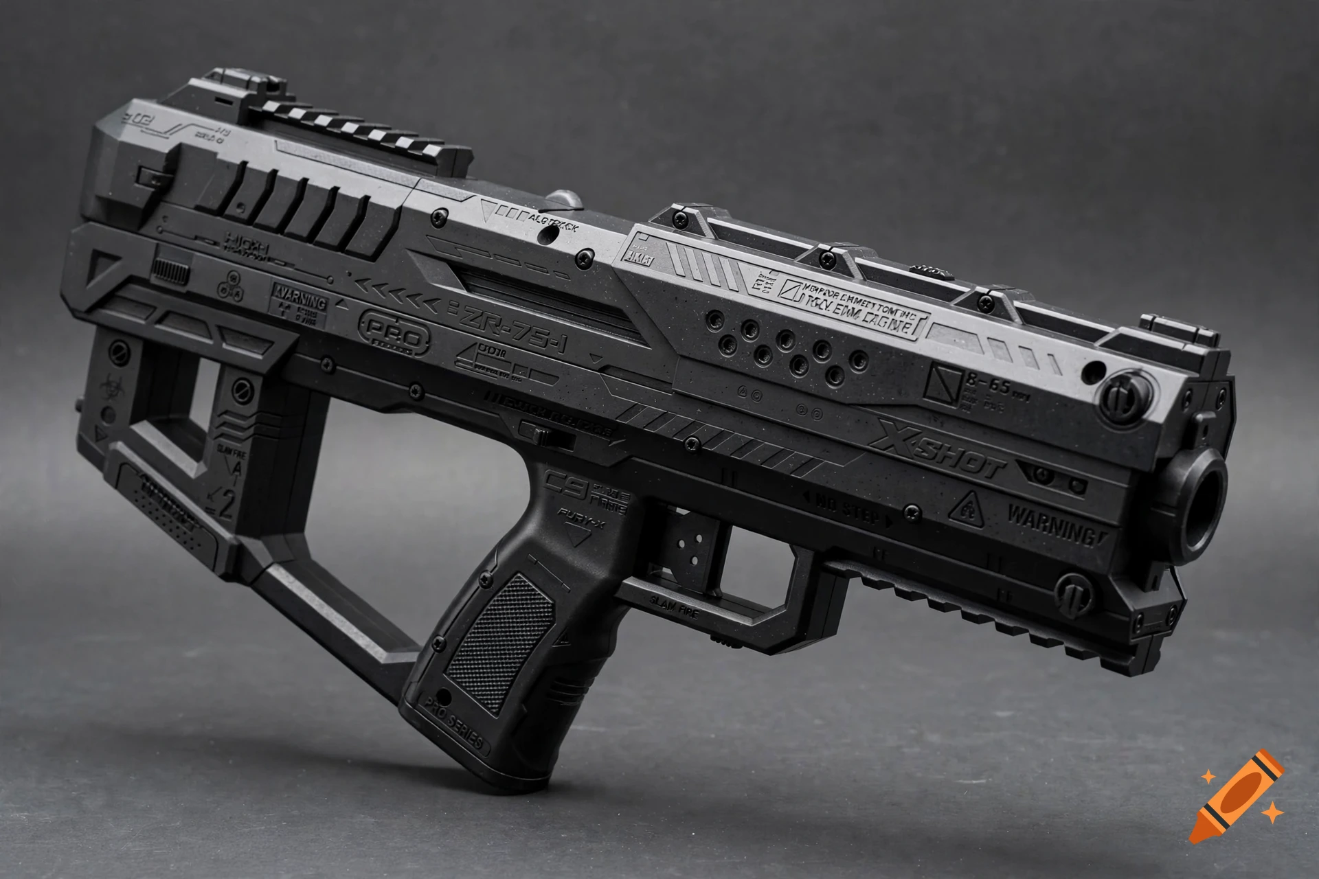 Studio photograph of a custom black XSHOT Fury-X toy blaster with molded sci-fi details and warning labels against a dark grey background.