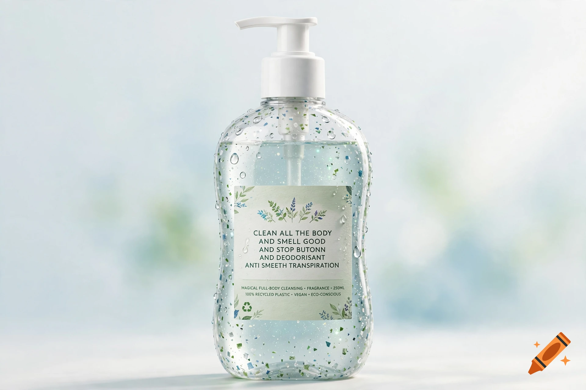 Photorealistic image of a pump dispenser bottle filled with clear gel and colorful exfoliating particles, featuring a label with botanical illustrations.
