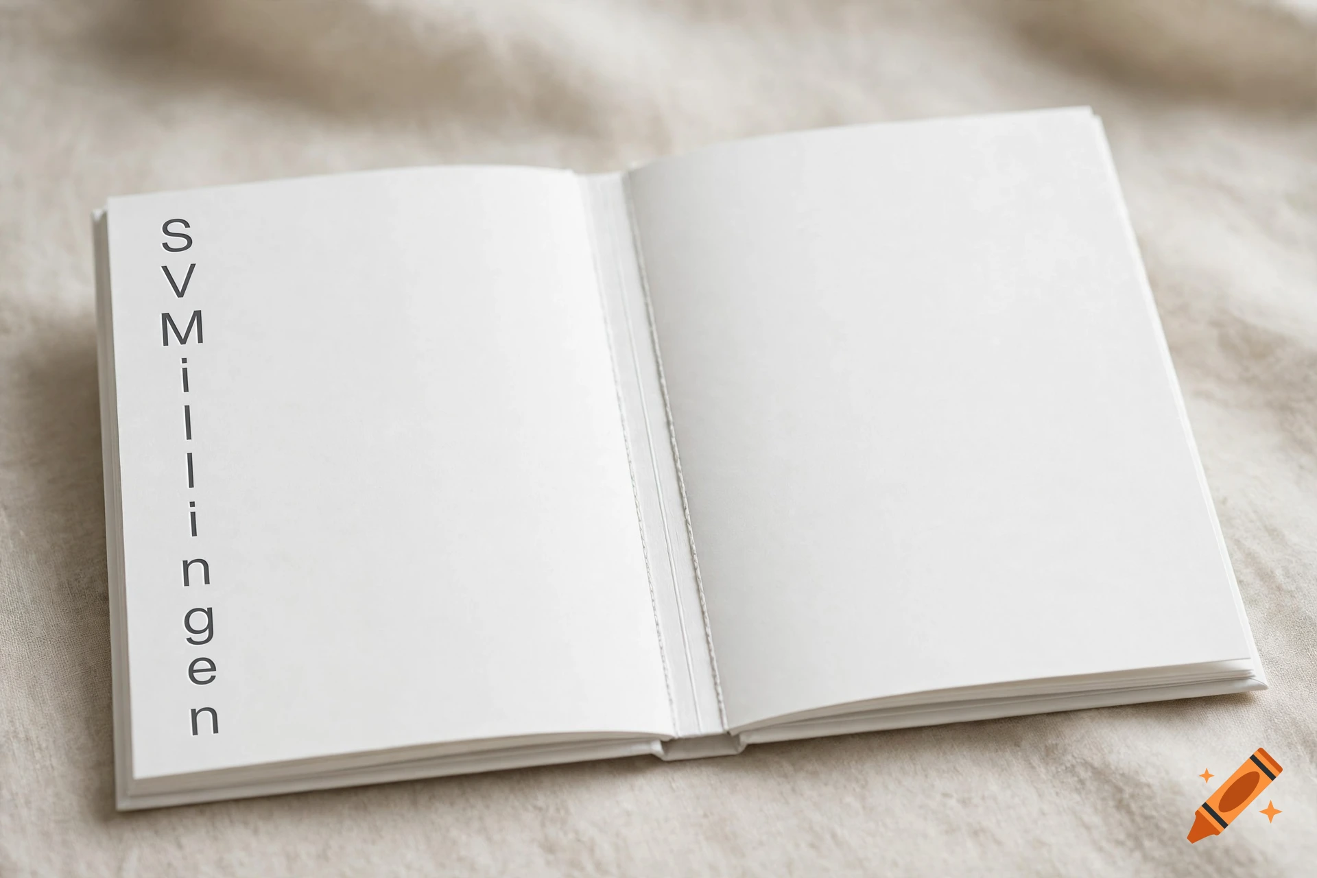 An open white sticker album with vertical text on the left page lying on a neutral fabric background, photorealistic.