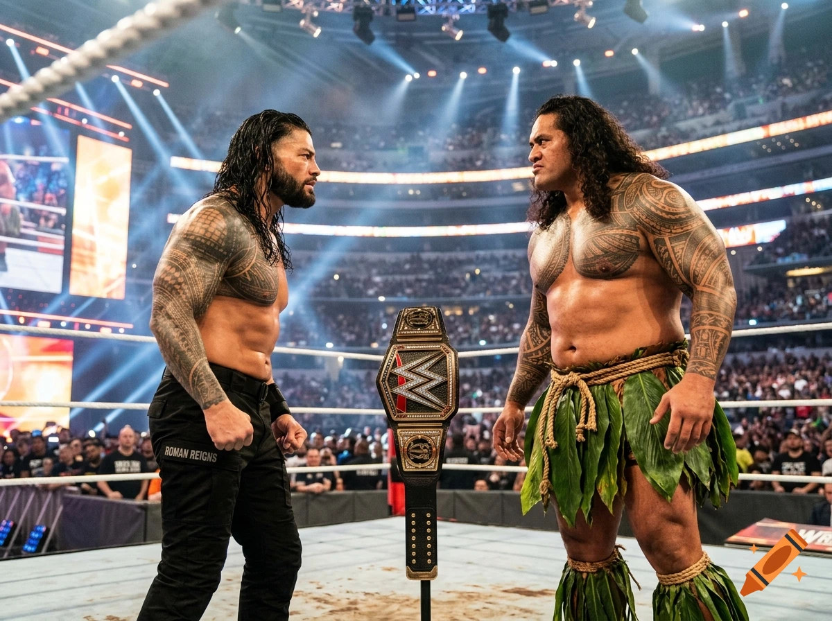 Photorealistic image of Roman Reigns facing off against Maui in a wrestling ring with a championship belt between them.