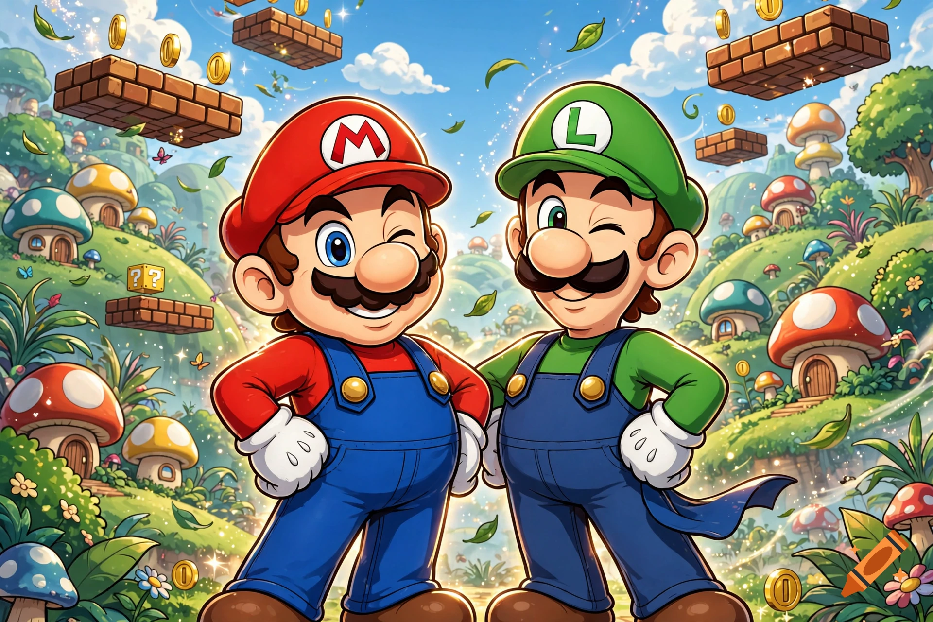 Cartoon drawing of Mario and Luigi winking against a vibrant Mushroom Kingdom background.