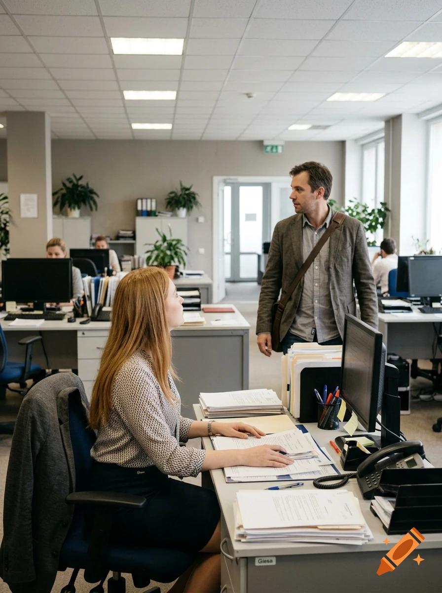 Photorealistic scene of a man in a jacket walking past a desk where a red-haired woman works in a brightly lit office.