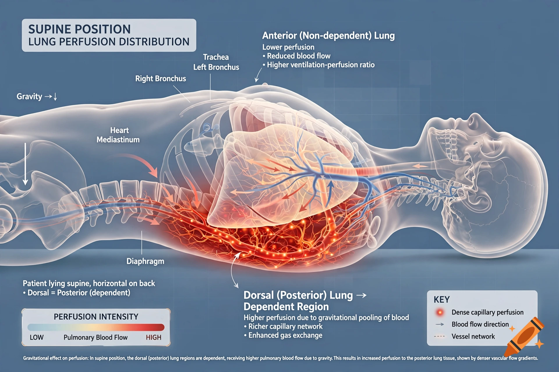 Medical diagram showing lung perfusion distribution in a supine position, highlighting dorsal lung regions.