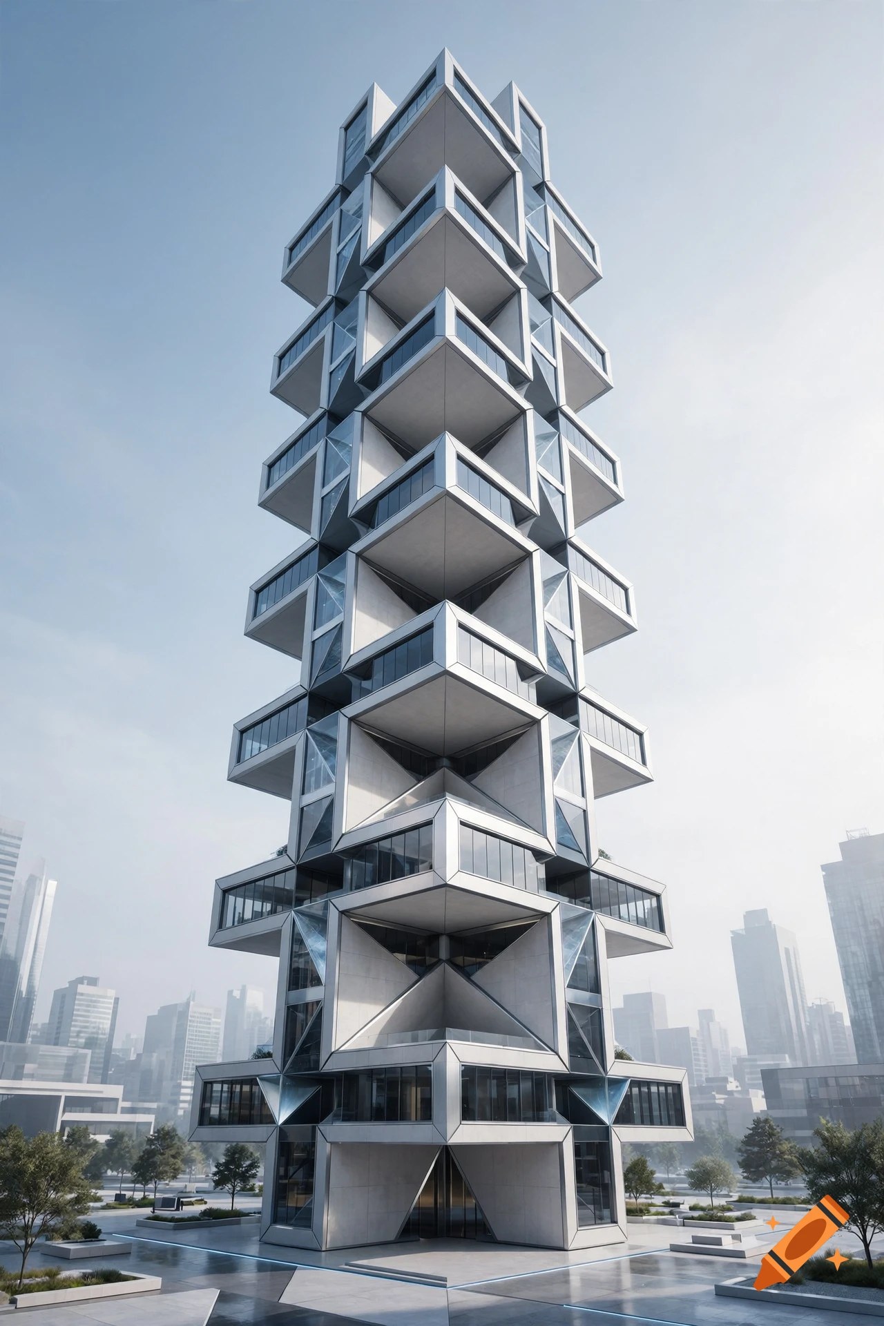 Photorealistic architectural rendering of a tall, futuristic skyscraper with a rotating cross-shaped modular design under a clear sky.