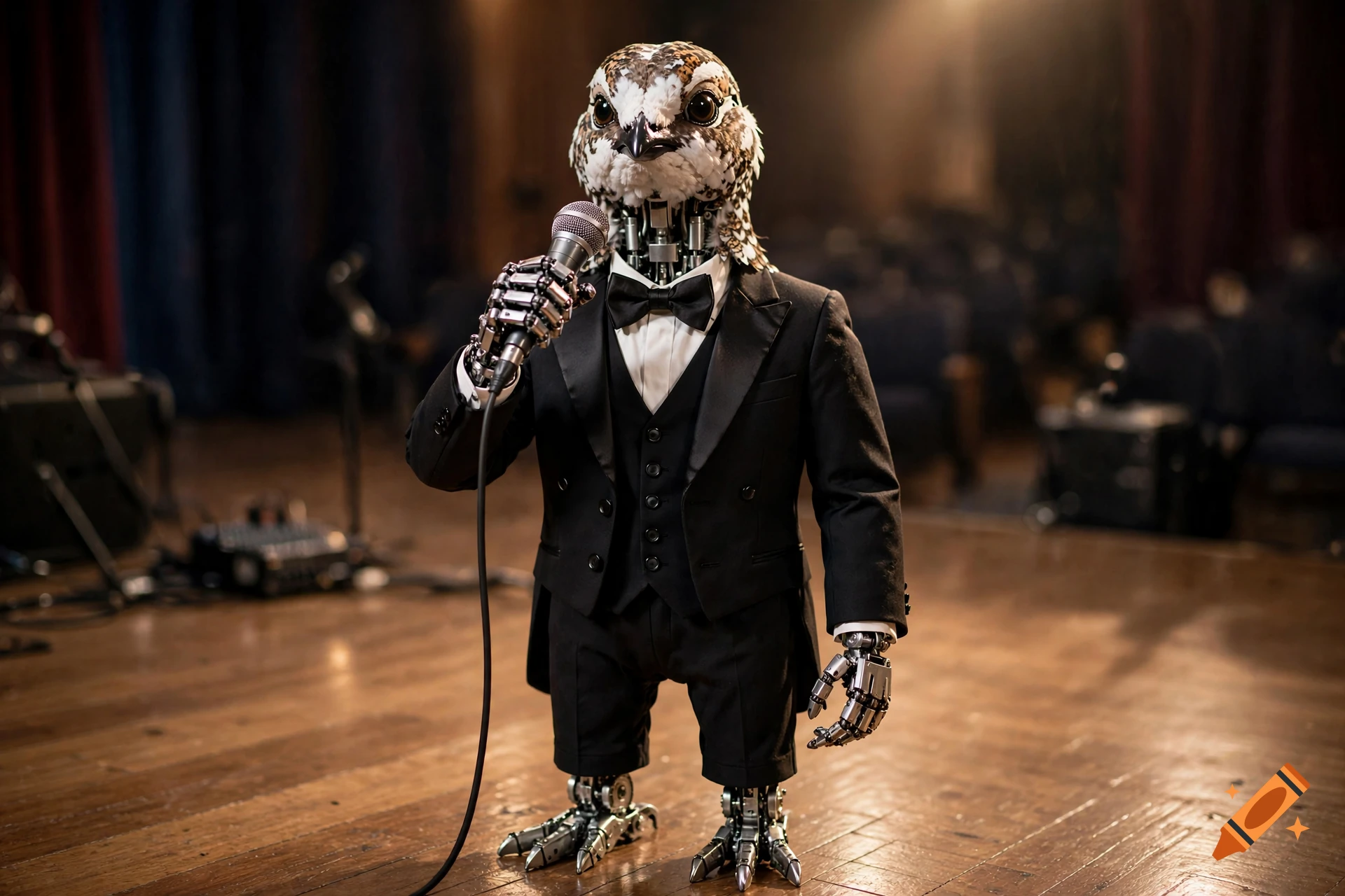 Photorealistic image of a humanoid willow ptarmigan animatronic in a tuxedo holding a microphone on a stage.