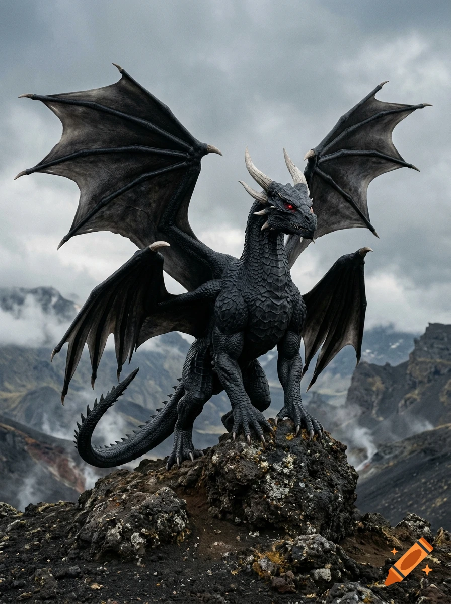 Full-body photorealistic black dragon with white horns and glowing red eyes perched atop a rocky mountain peak under a cloudy sky.