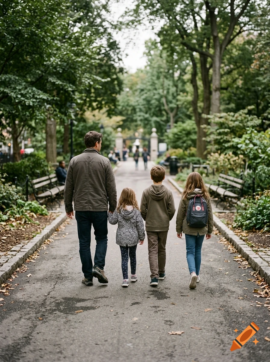 A man and three children walking away down a tree-lined path in a park, photorealistic.