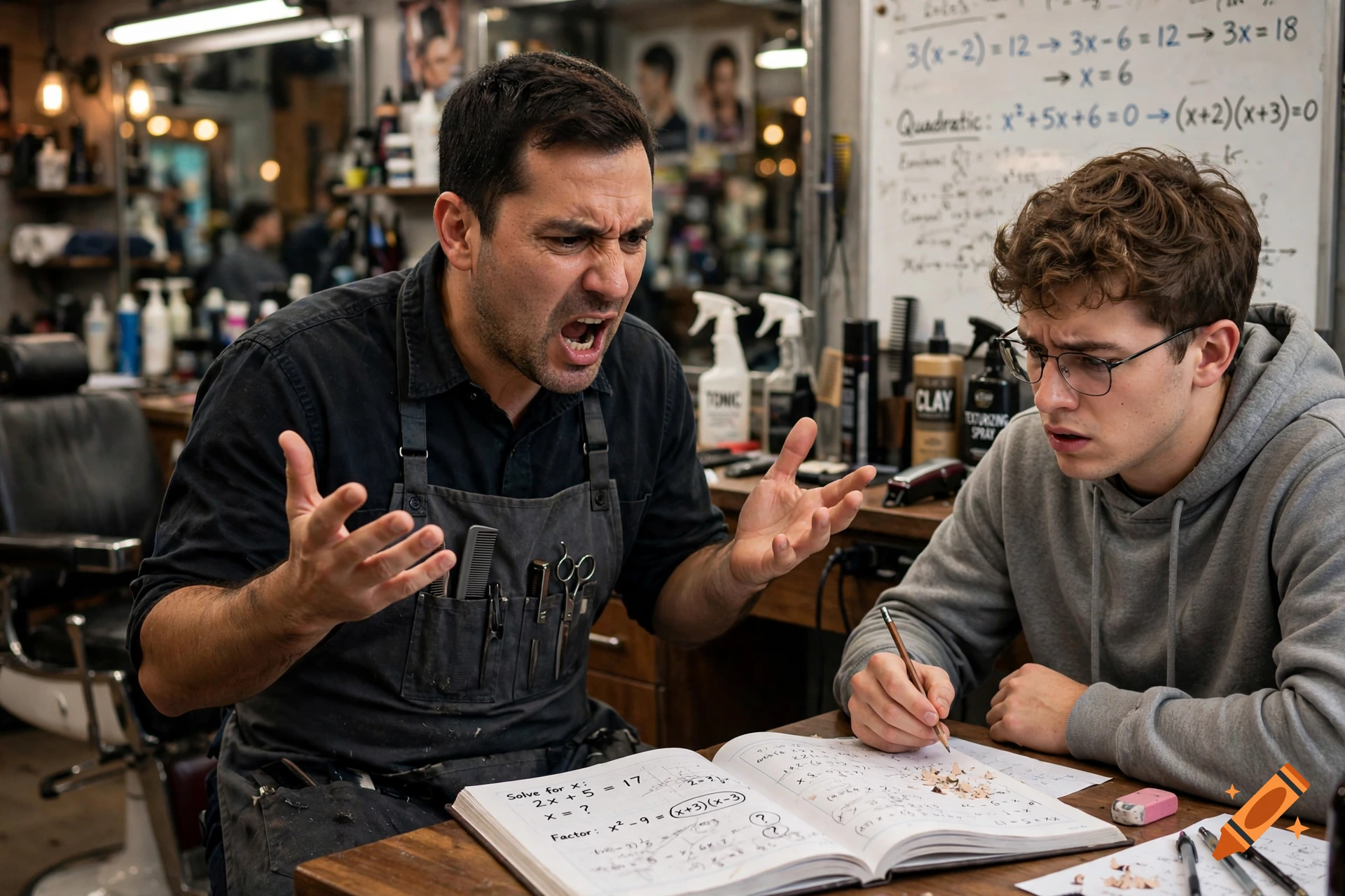 Photorealistic scene of a frustrated barber yelling at a stressed young man trying to solve math problems in a notebook.