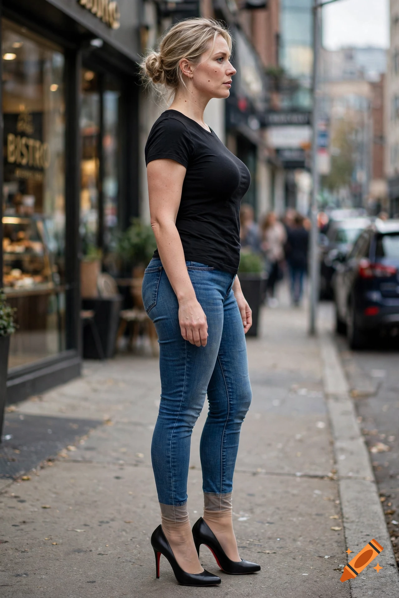 Photorealistic profile view of a blonde woman wearing a black t-shirt, jeans, and high heel pumps on a city sidewalk.