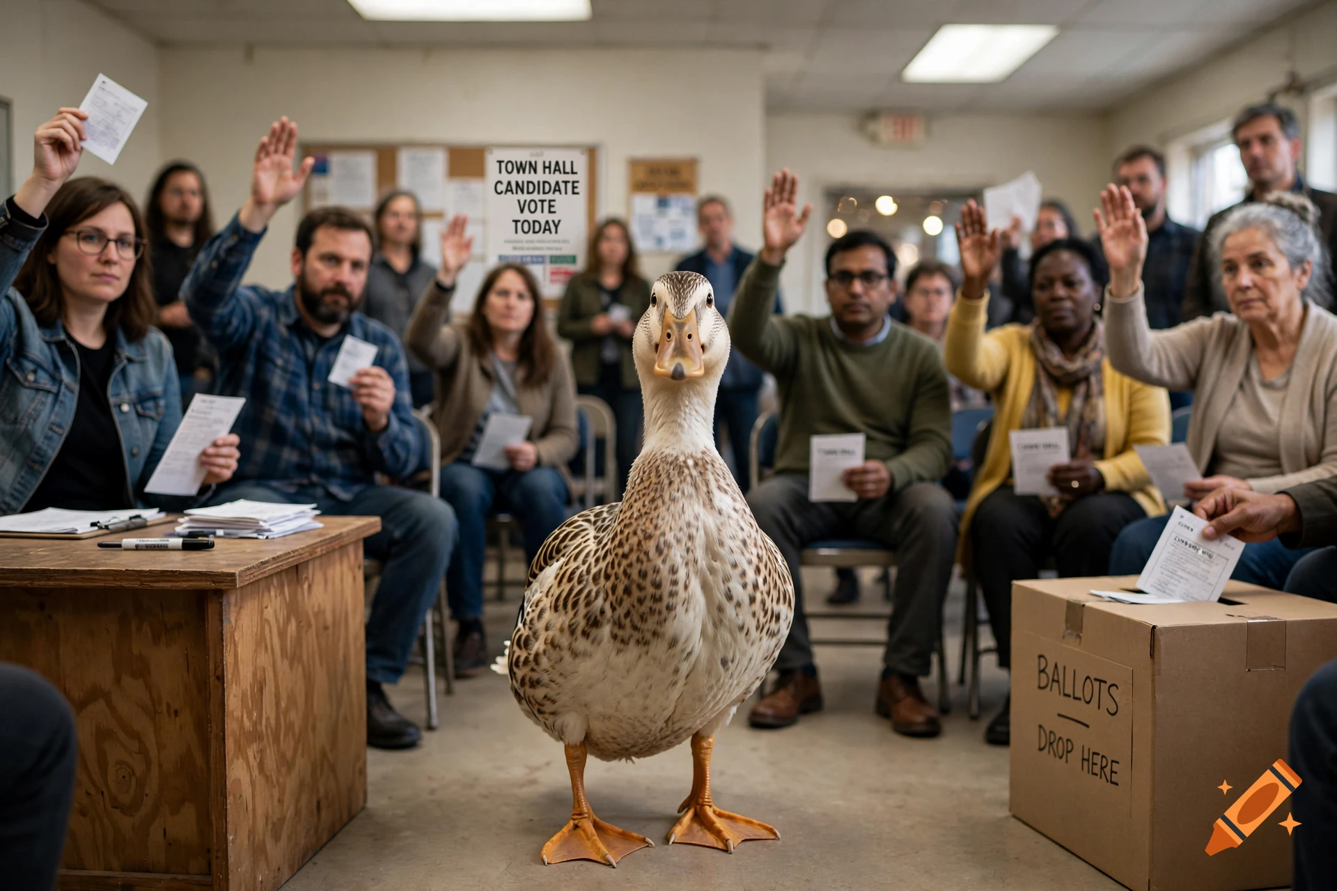 A photorealistic image of a duck standing in a town hall meeting room as people raise their hands in the background.