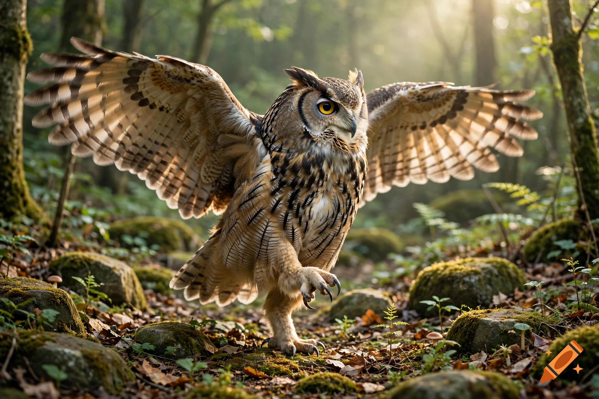Photorealistic image of a large owl with wings spread wide, standing on a mossy forest floor among rocks.