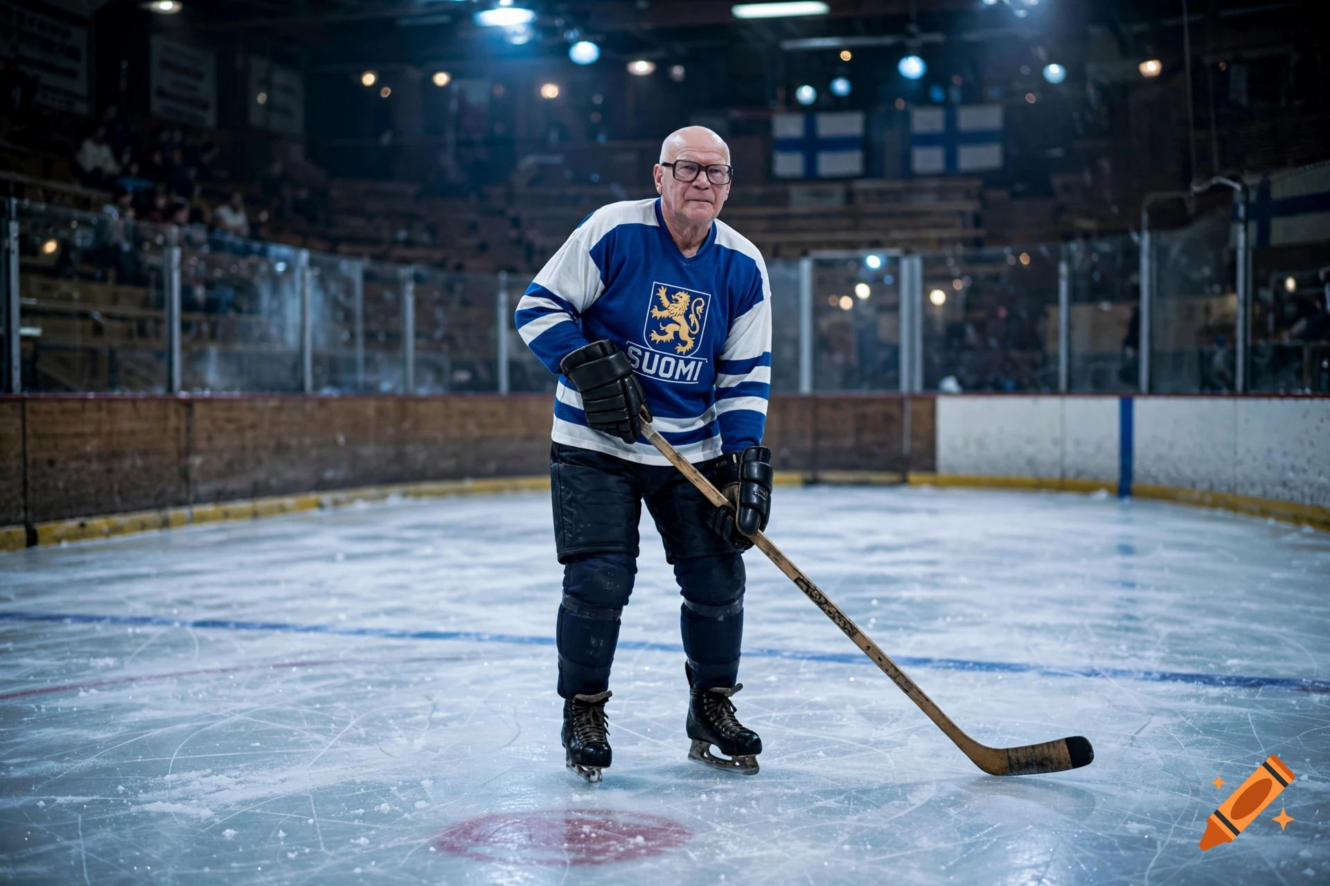 Photorealistic image of former Finnish president Urho Kekkonen playing ice hockey in an indoor arena.