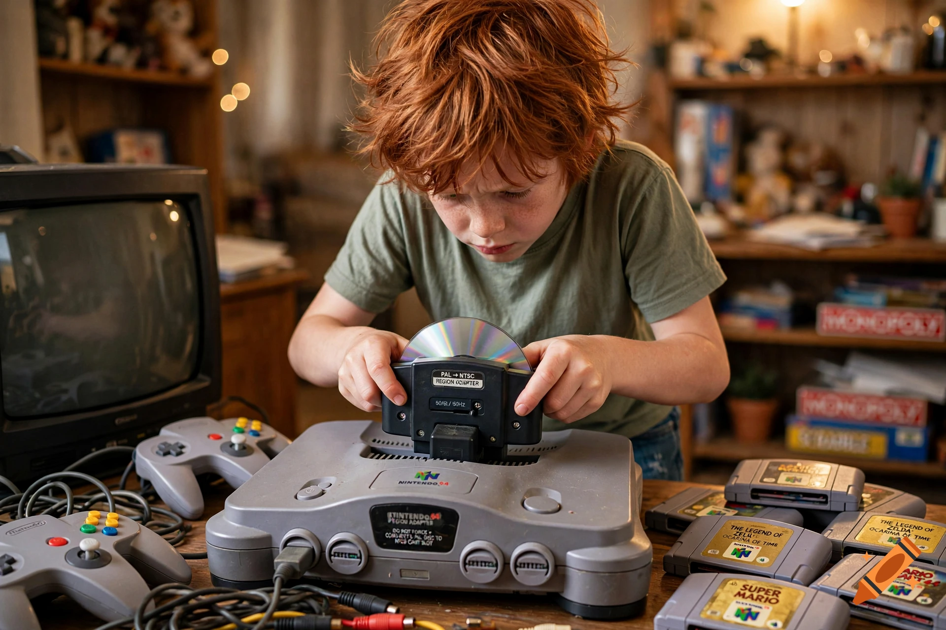 A young red-haired boy intently inserts a compact disc into a retro Nintendo 64 console setup in a messy room.