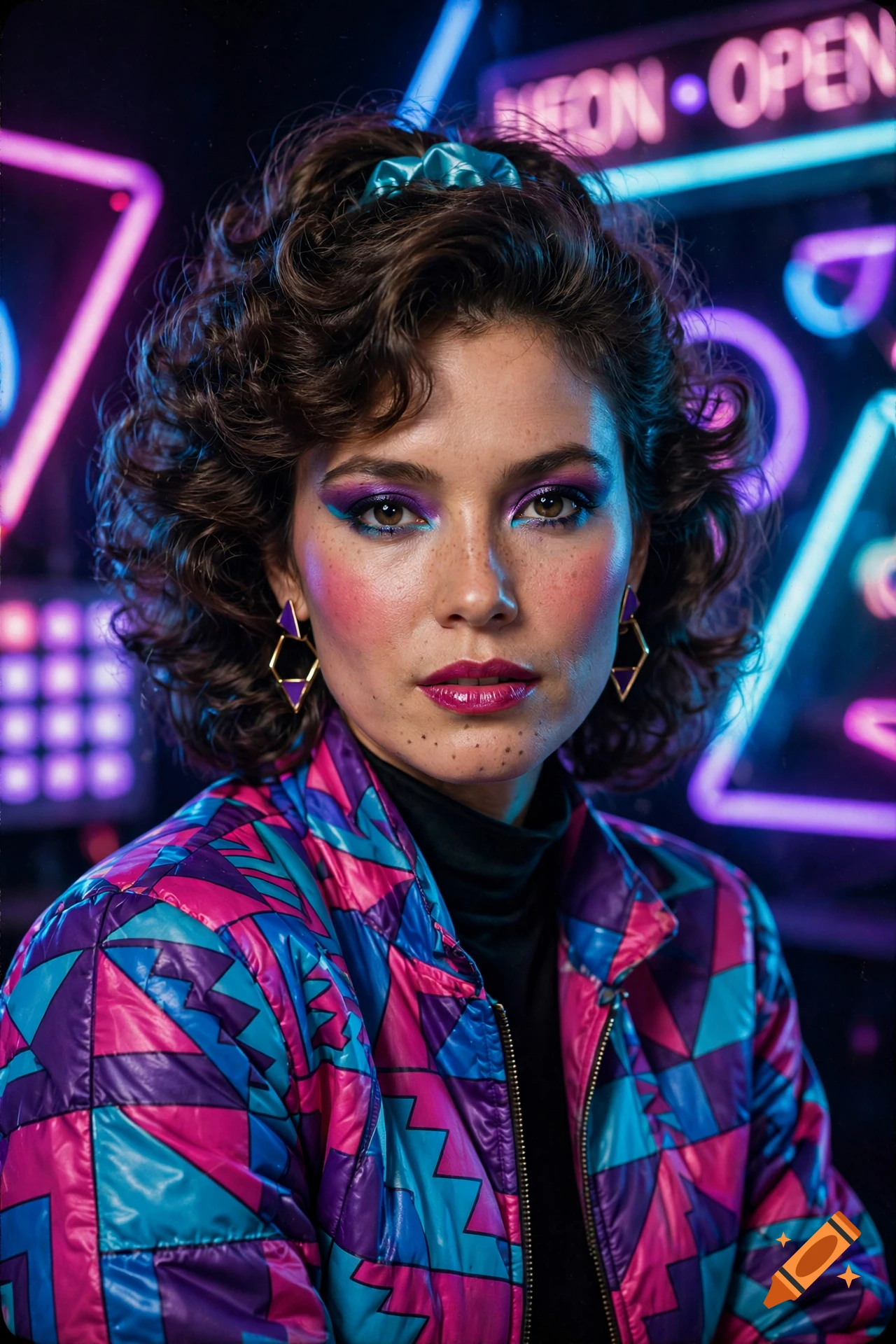 Photorealistic 1980s retro portrait of a woman with curly brown hair, vibrant makeup, and a colorful geometric pattern jacket against a neon background.