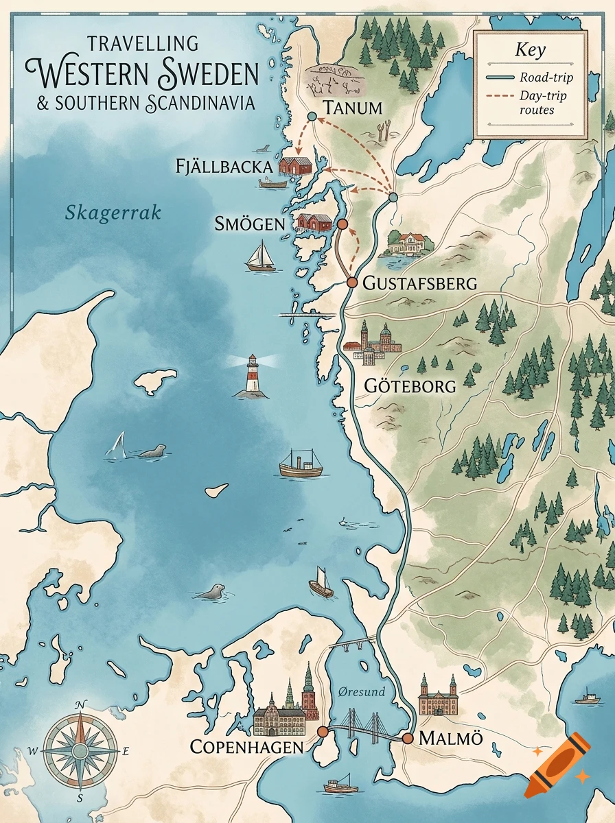 Illustrated travel map of Western Sweden and Southern Scandinavia with routes and city names in watercolor style.