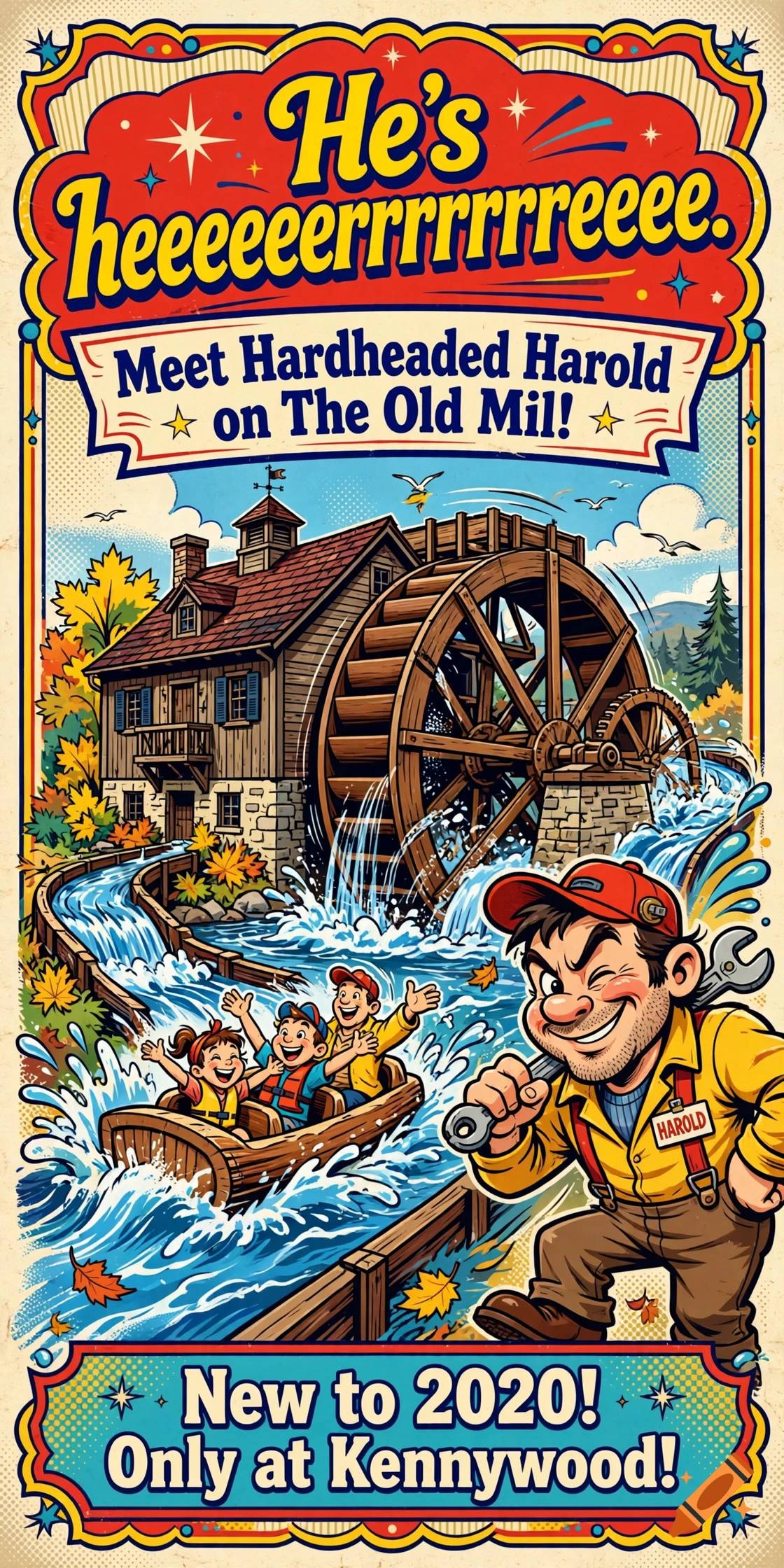 Vintage cartoon amusement park poster featuring a water mill, splashing water ride, and a cheerful worker holding a wrench.