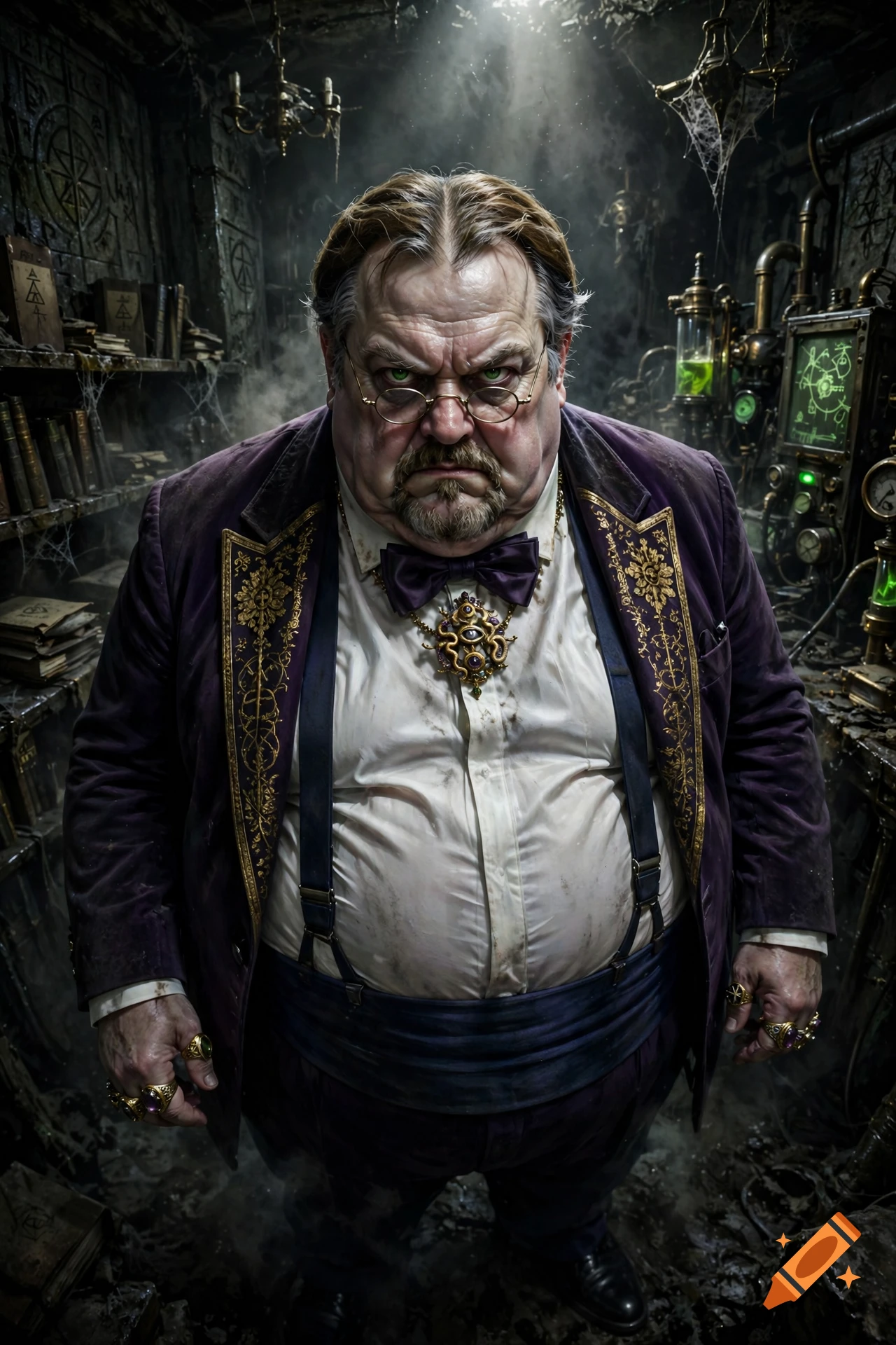 Gritty photorealistic portrait of an obese aristocrat with a brown toupee and purple tuxedo in a cluttered laboratory.