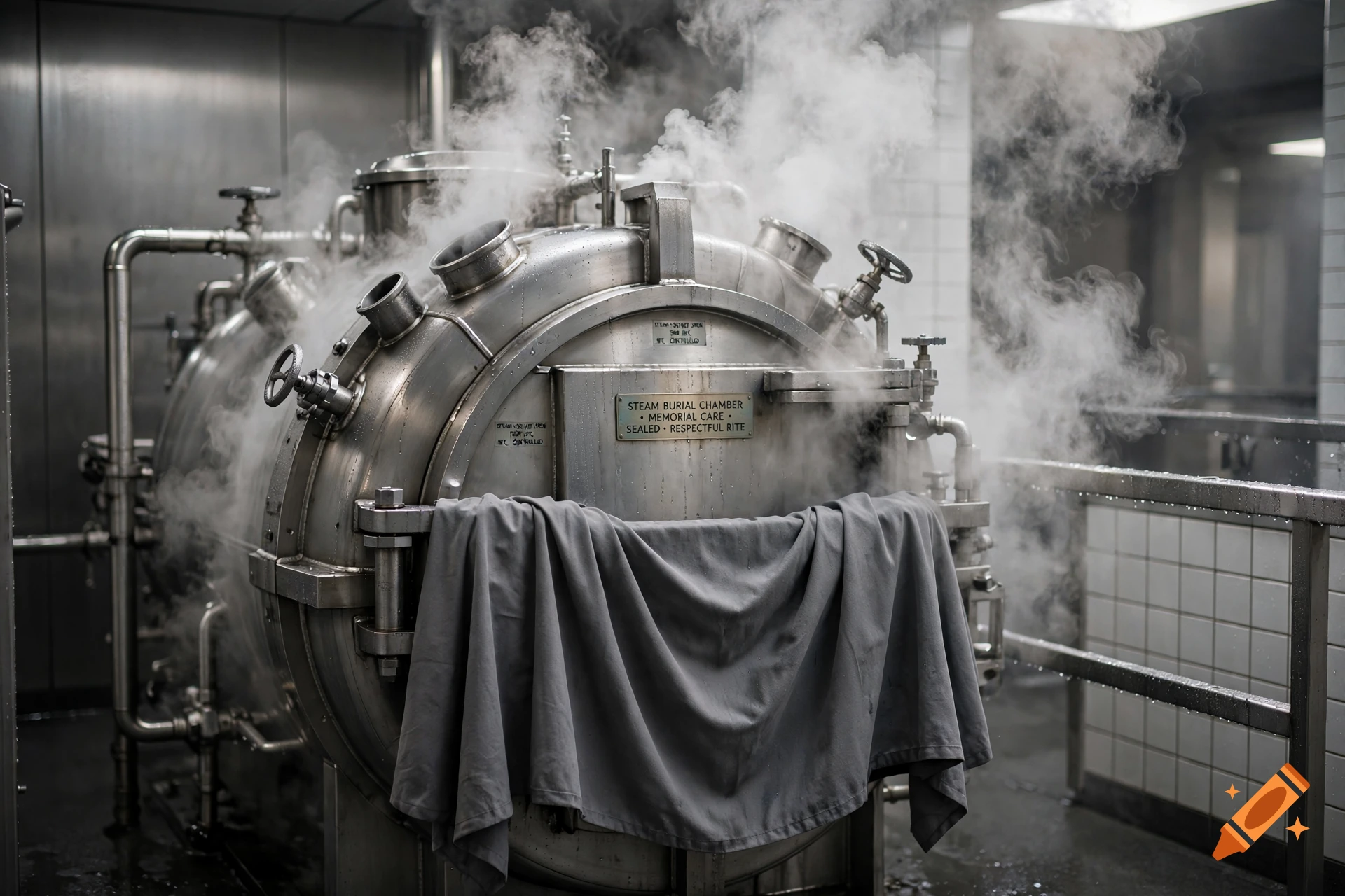 Photorealistic image of a large metallic industrial steam burial chamber with pipes and valves, surrounded by escaping steam in a tiled room.