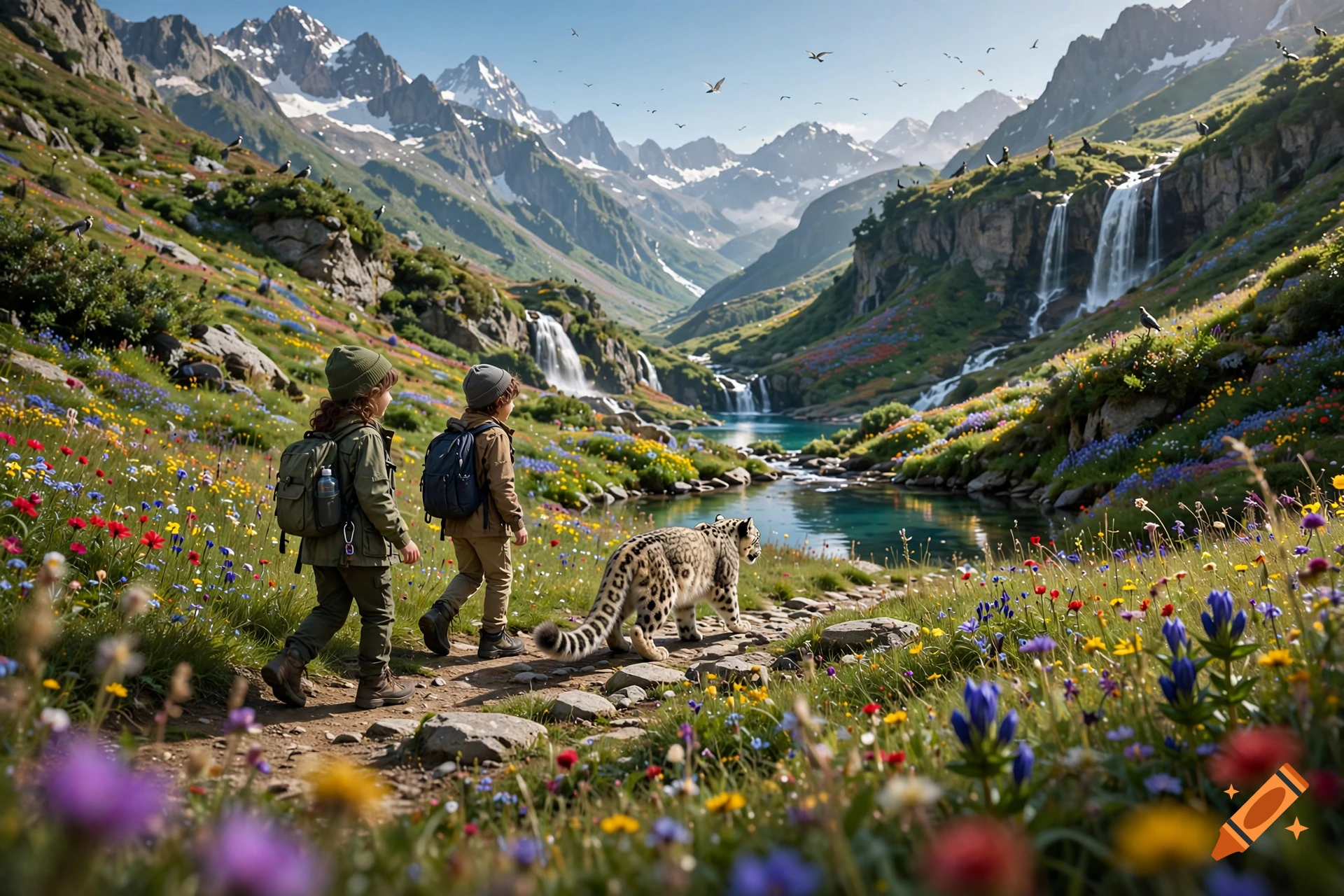 Photorealistic landscape of two children hiking with a snow leopard through a valley with wildflowers and waterfalls.