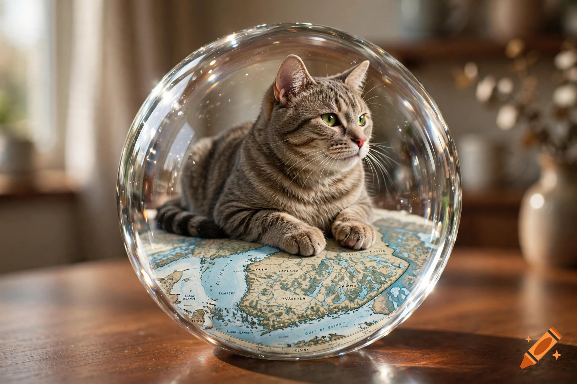 A photorealistic tabby cat resting inside a clear crystal ball placed on a wooden table, with a map of Finland visible inside the sphere.