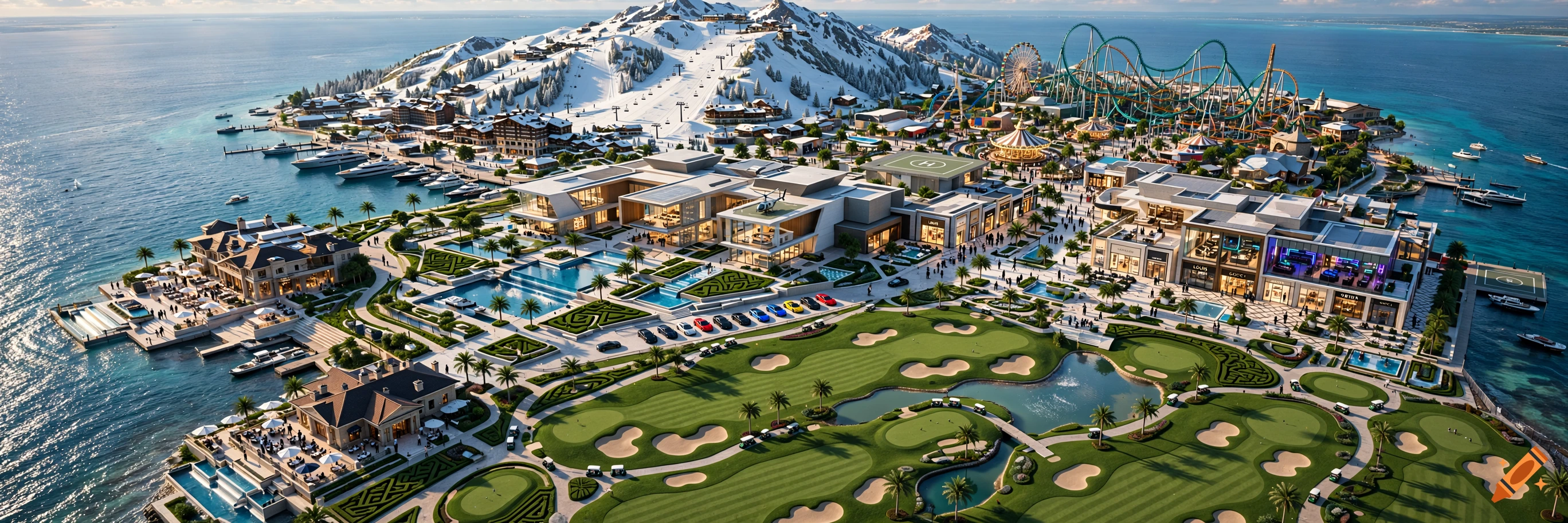 Aerial photorealistic view of a luxurious island resort featuring a golf course, marina, snowy ski mountain, and an amusement park.