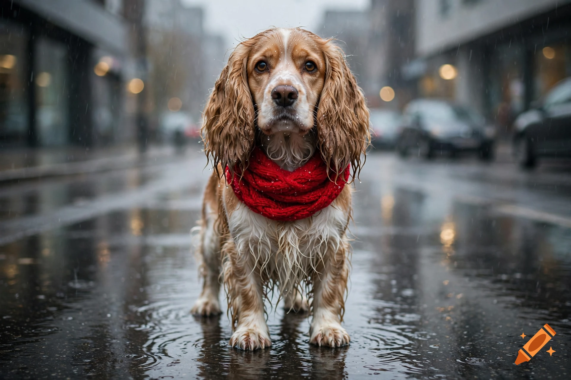 Photorealistic image of a wet cocker spaniel wearing a bright red knitted scarf, standing in a rainy city street.