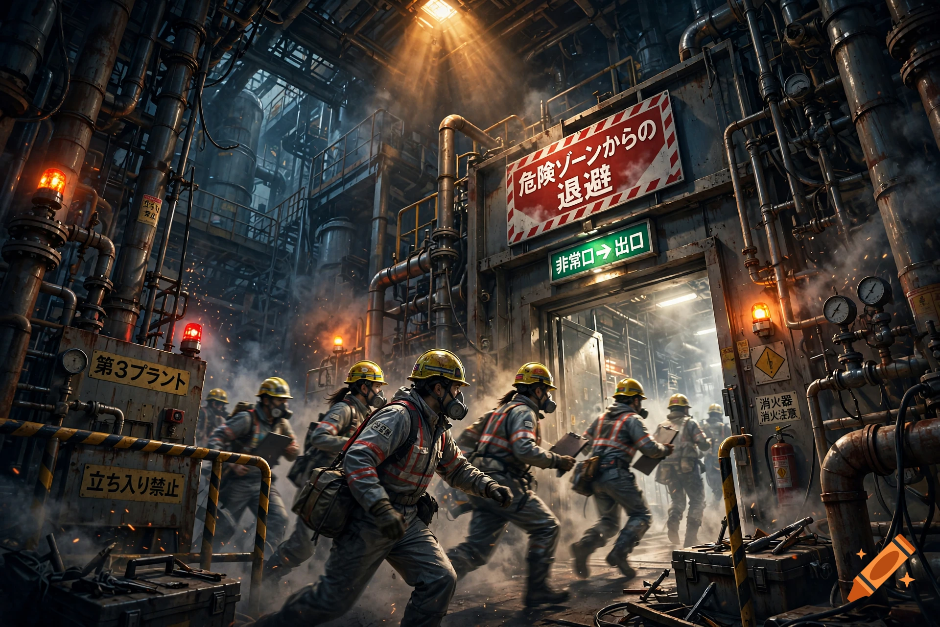 Emergency evacuation of workers wearing hazmat suits and helmets through a heavy industrial factory door with Japanese warning signs.