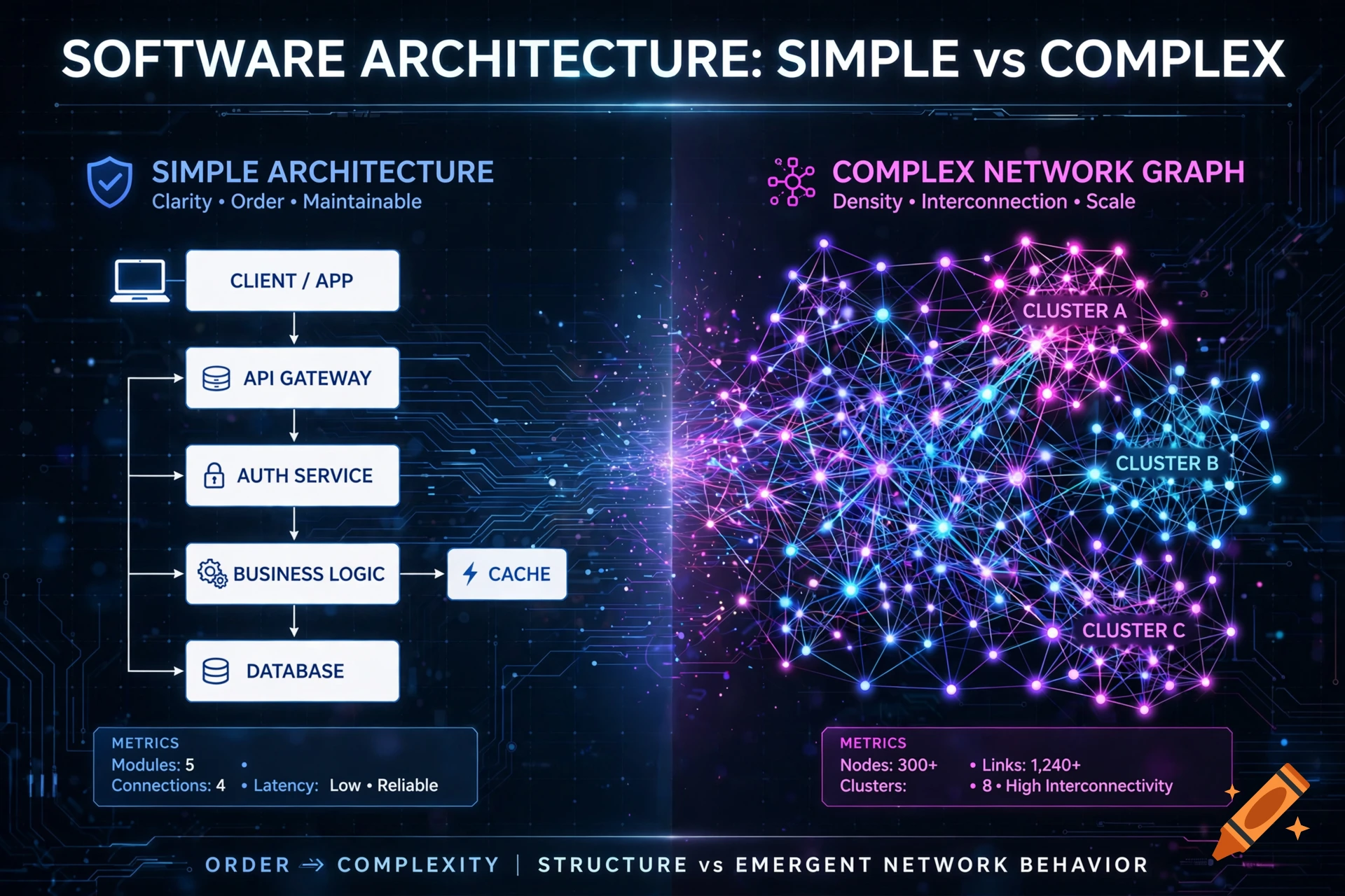 Software architecture comparison infographic showing simple linear diagram on the left and complex network graph on the right.
