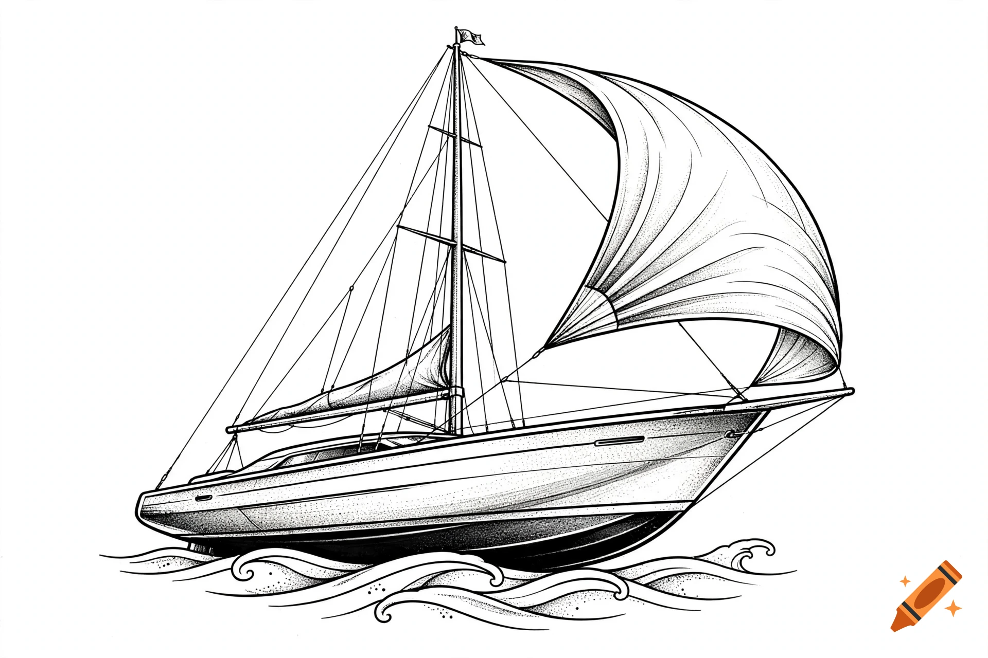 Detailed black and white ink illustration of a sailboat with a large gennaker sail navigating choppy water.
