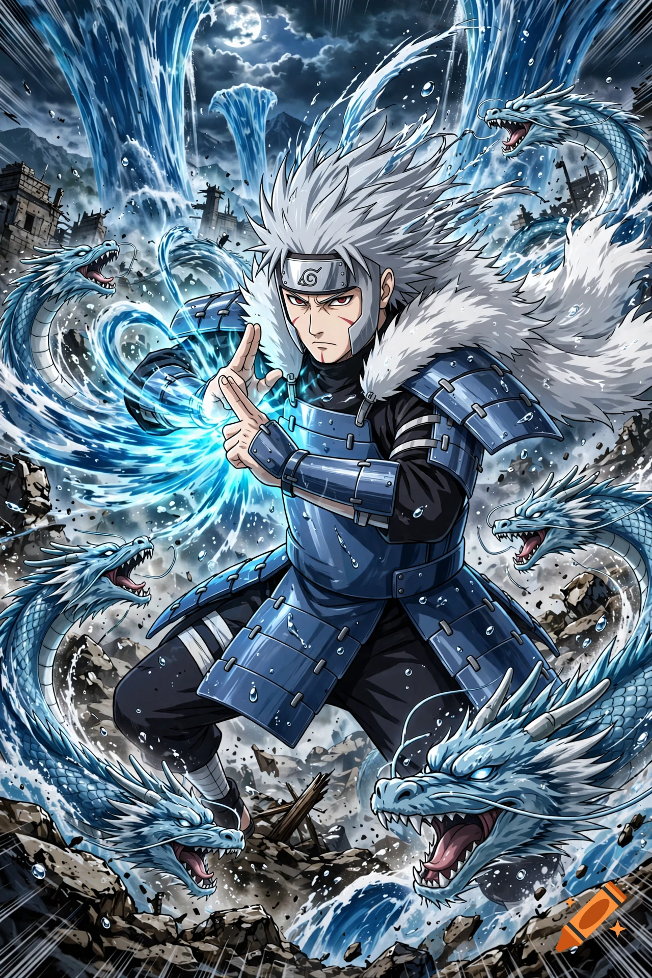 Anime illustration of Tobirama Senju from Naruto performing a water jutsu surrounded by water dragons and roaring waves.
