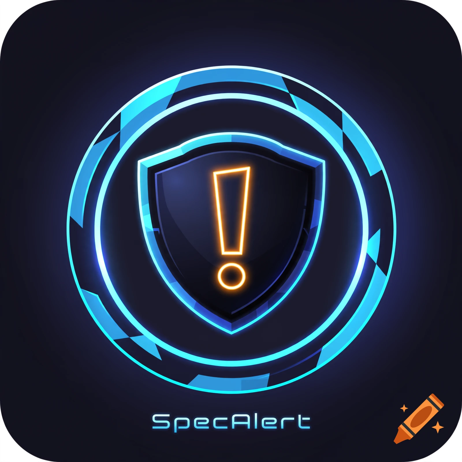 Minimalist gaming app logo featuring a glowing neon orange exclamation mark inside a blue shield on a dark background.