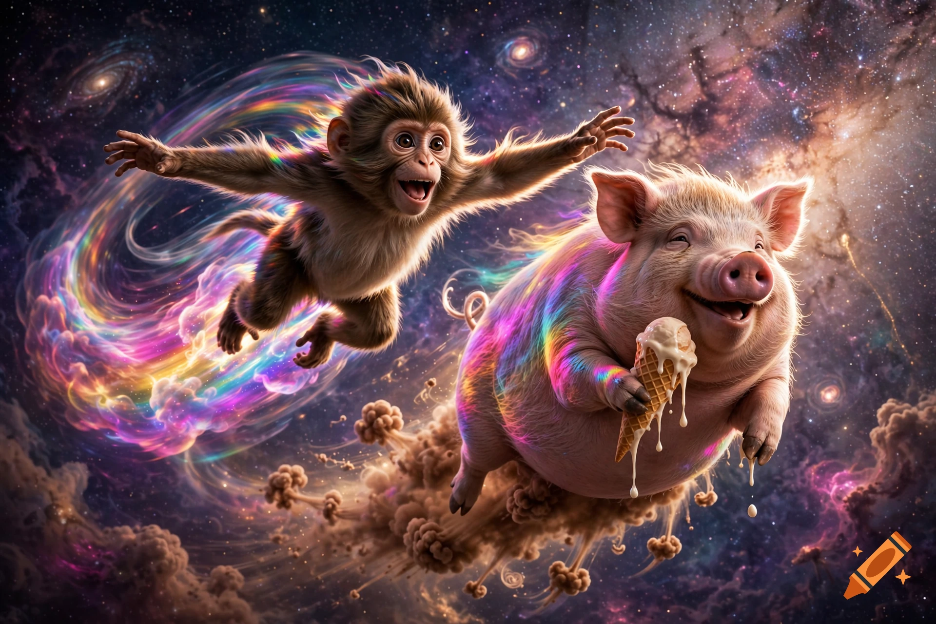 A cartoon monkey flying with rainbow trails and a fat pig holding an ice cream cone in outer space.