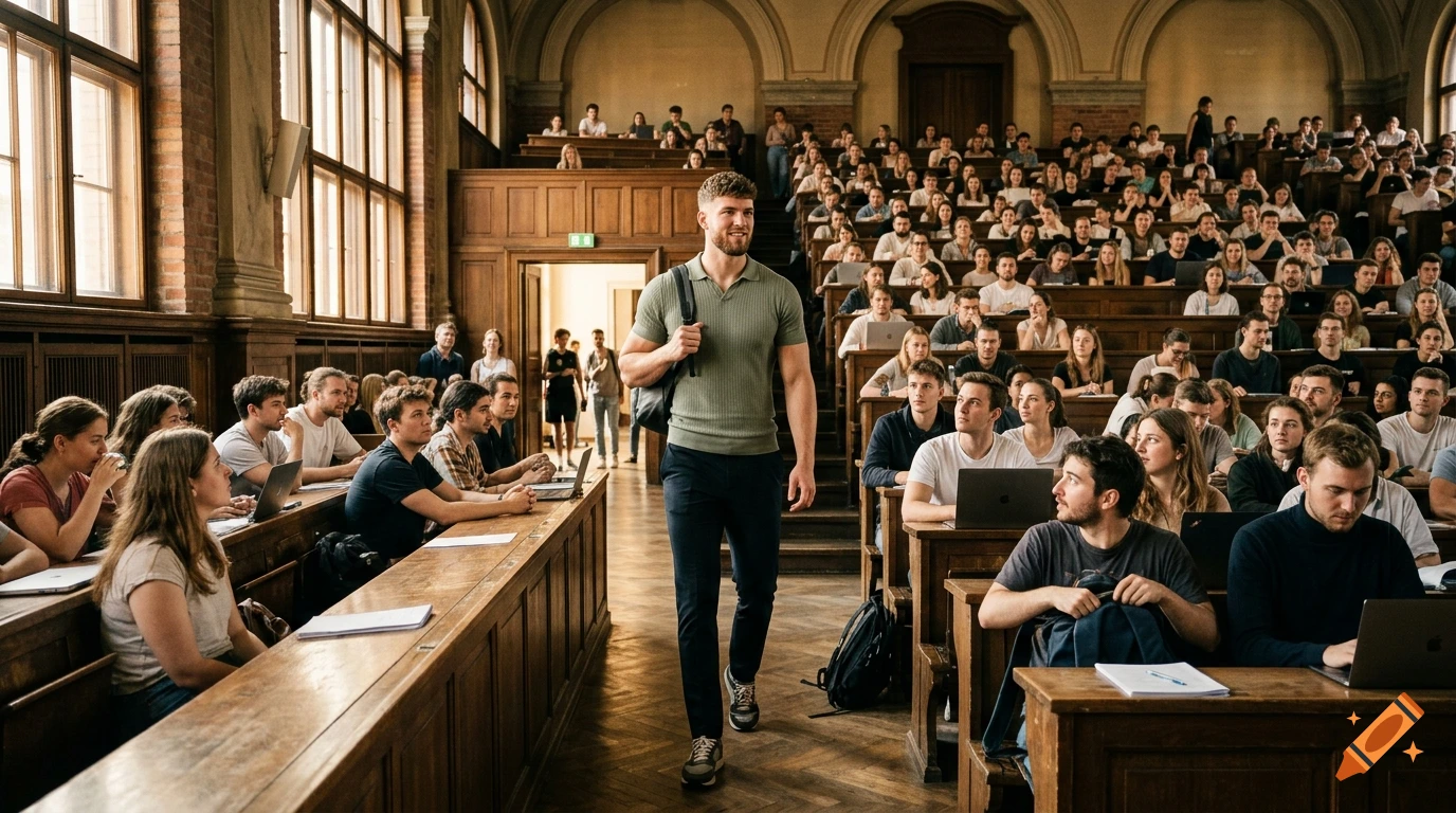 Photorealistic wide-angle photo of a muscular male student walking into a tiered historic university lecture hall filled with peers.