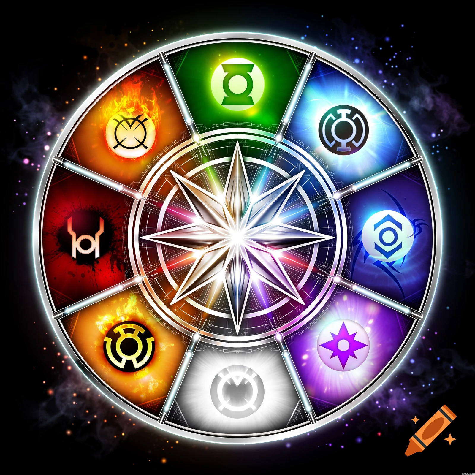 A circular symbol combining all DC Lantern corps logos with a central glowing star in a digital art style.