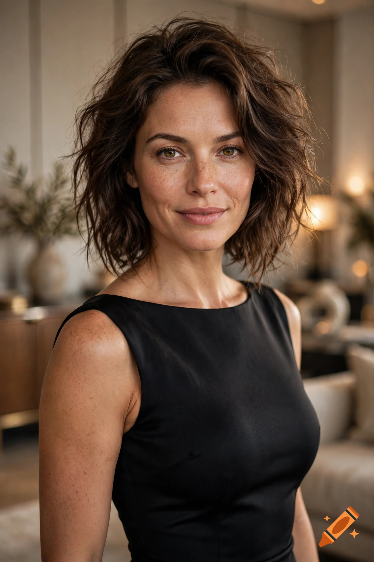Photorealistic medium shot portrait of a smiling woman with short brown wavy hair and freckles wearing a black dress in a modern interior.