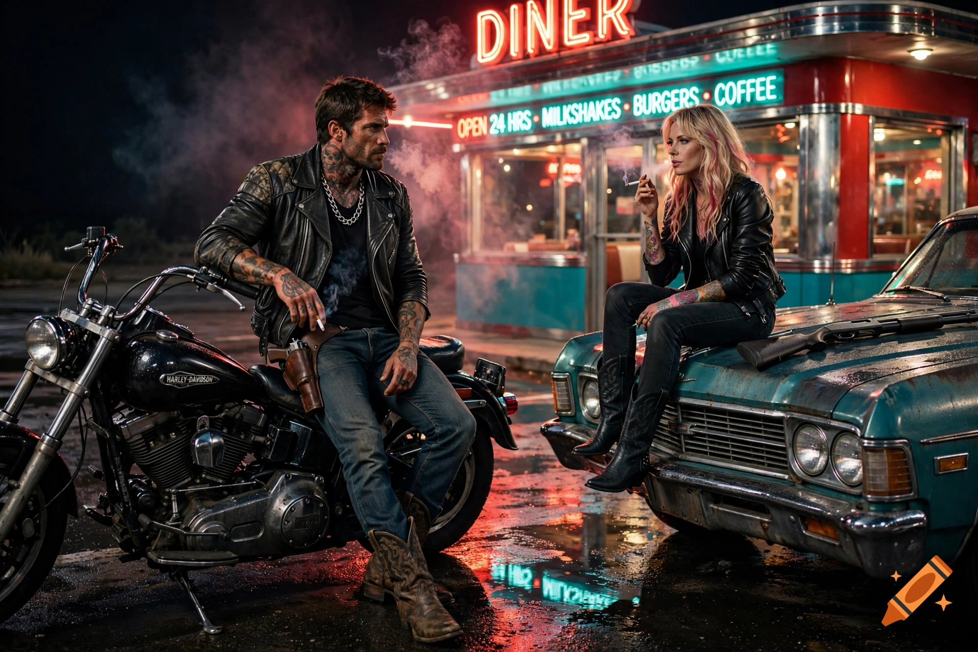 Photorealistic nighttime scene of a tattooed man on a motorcycle and a blonde woman on a vintage car, smoking outside a glowing neon diner.