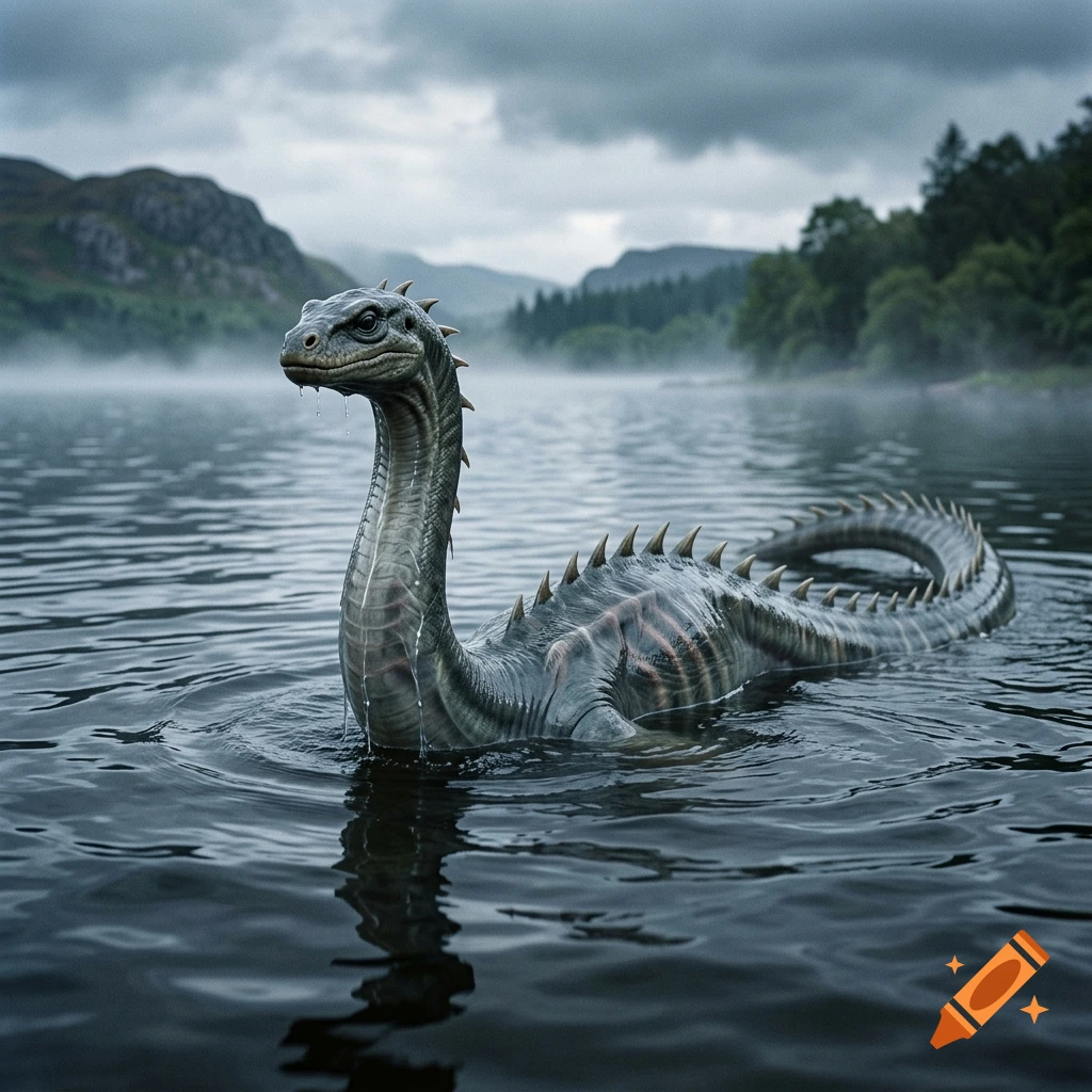 Photorealistic image of the Loch Ness Monster swimming in a misty lake surrounded by mountains and forests.