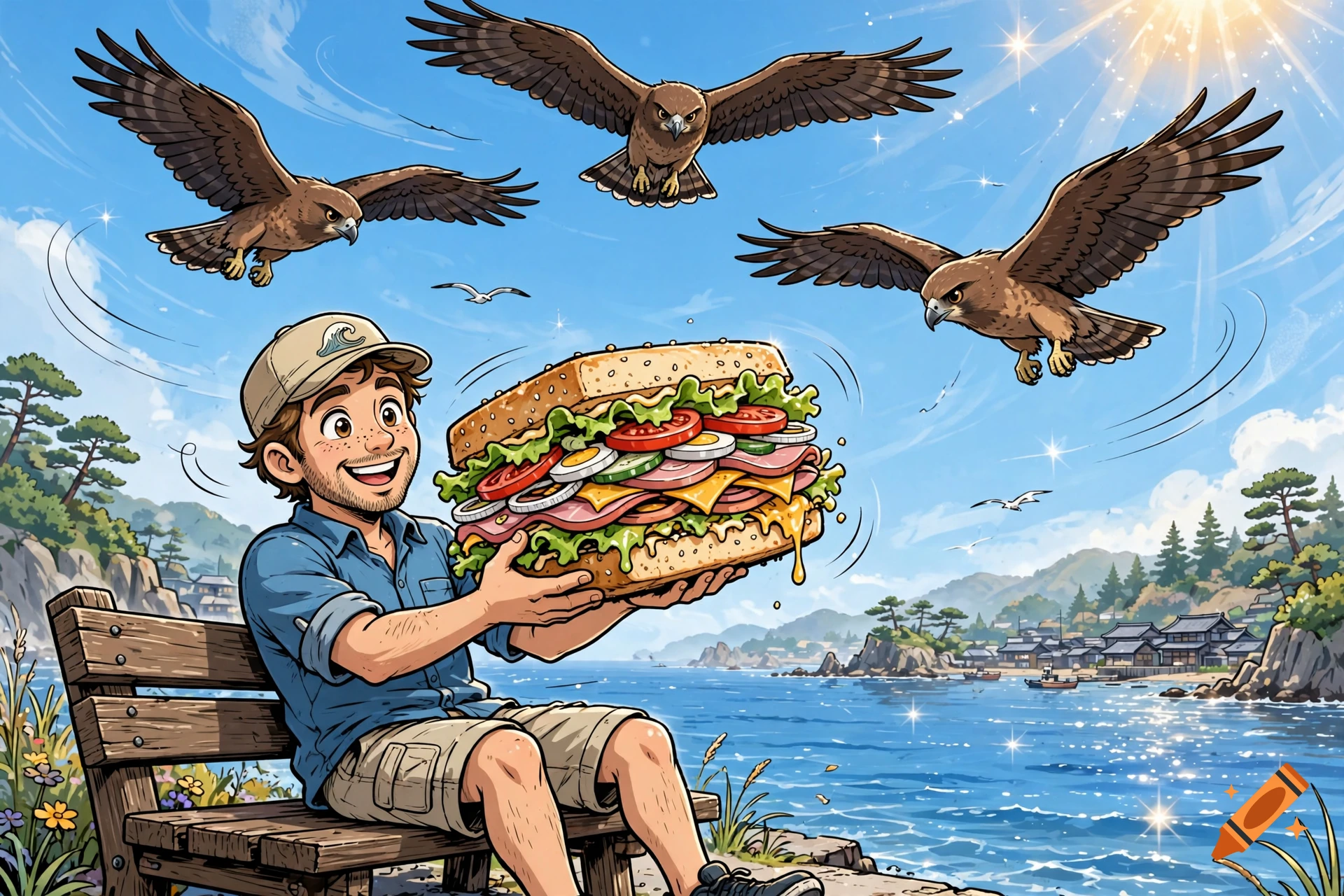 2D cartoon comic panel of a happy man on a wooden seaside bench holding a large sandwich, with three hawks hovering in the blue sky.