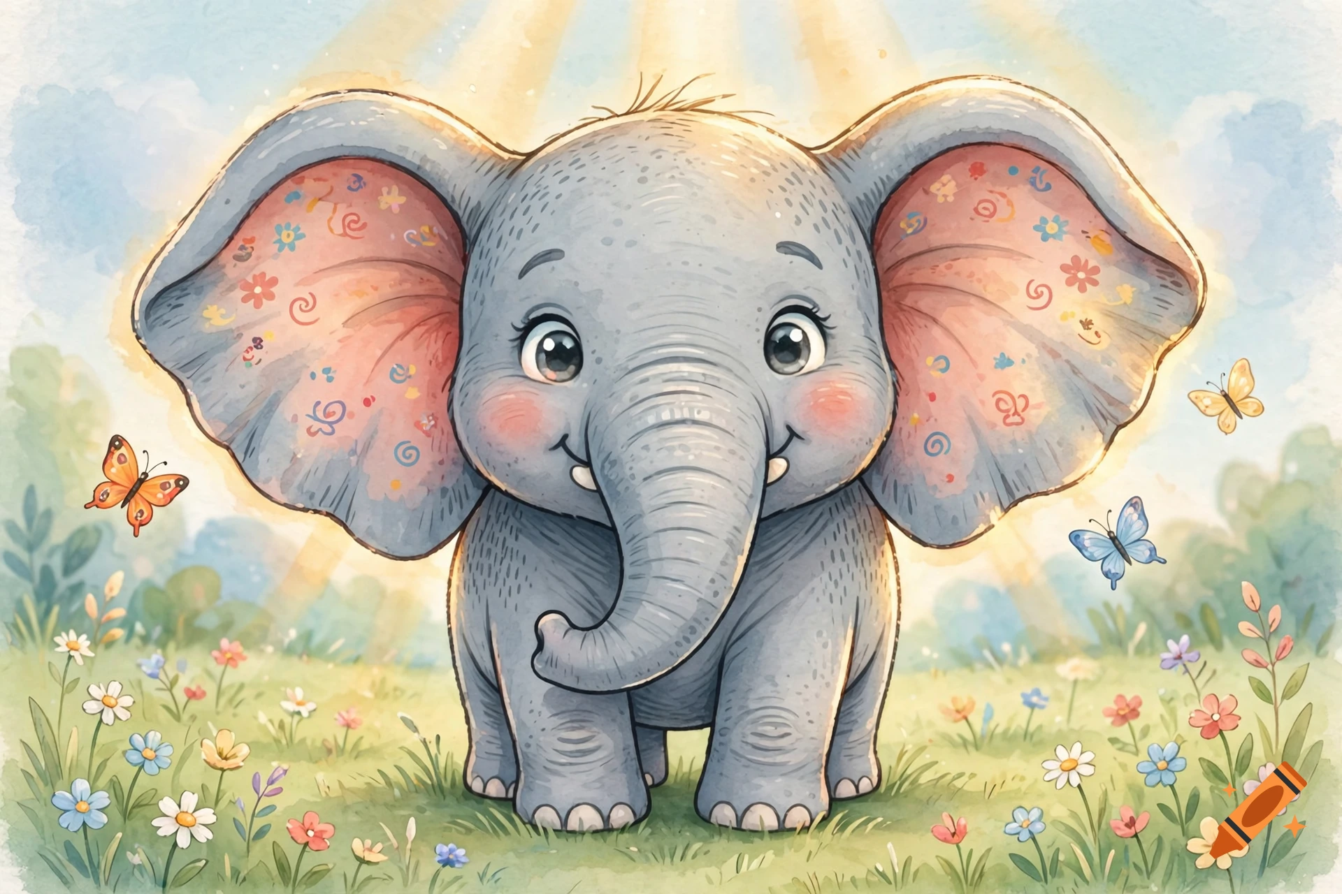 Watercolor illustration of a cute baby elephant with big ears and pink cheeks standing in a sunny meadow with flowers and butterflies.